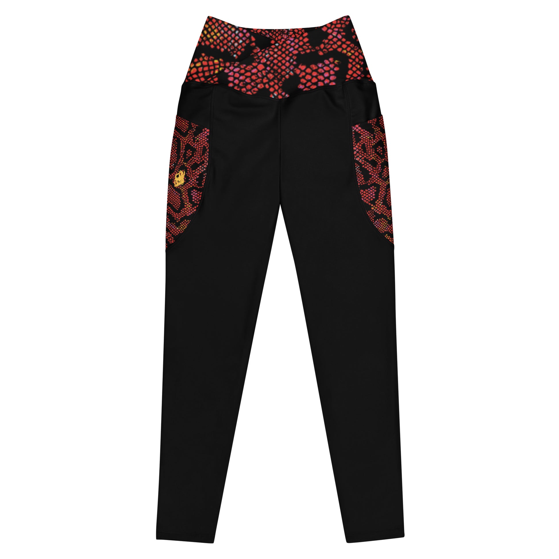 Front view of the Hellbeing recycled crossover leggings in black and burgundy snakeskin