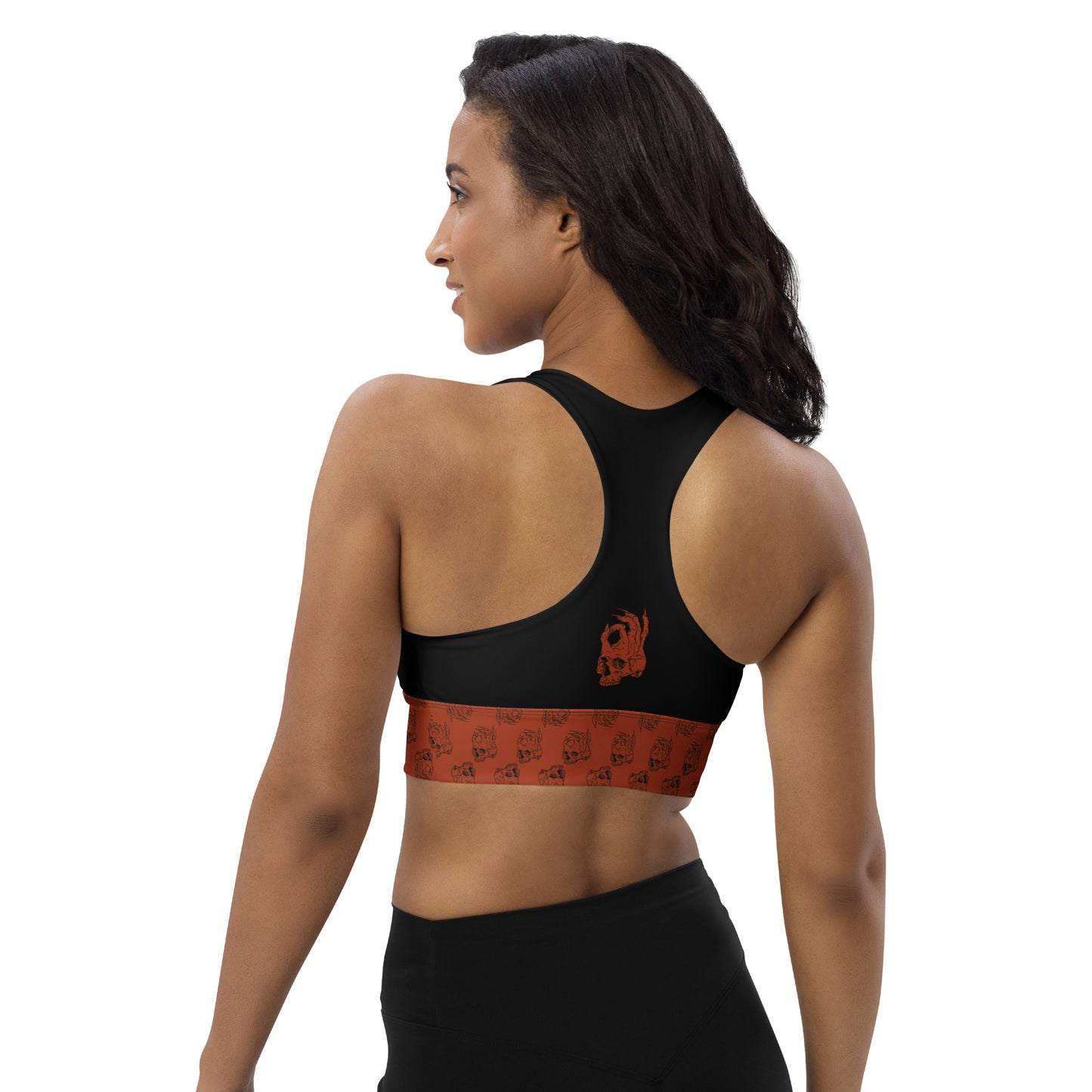 Hellbeing skull logo black and red longline sports bra back view