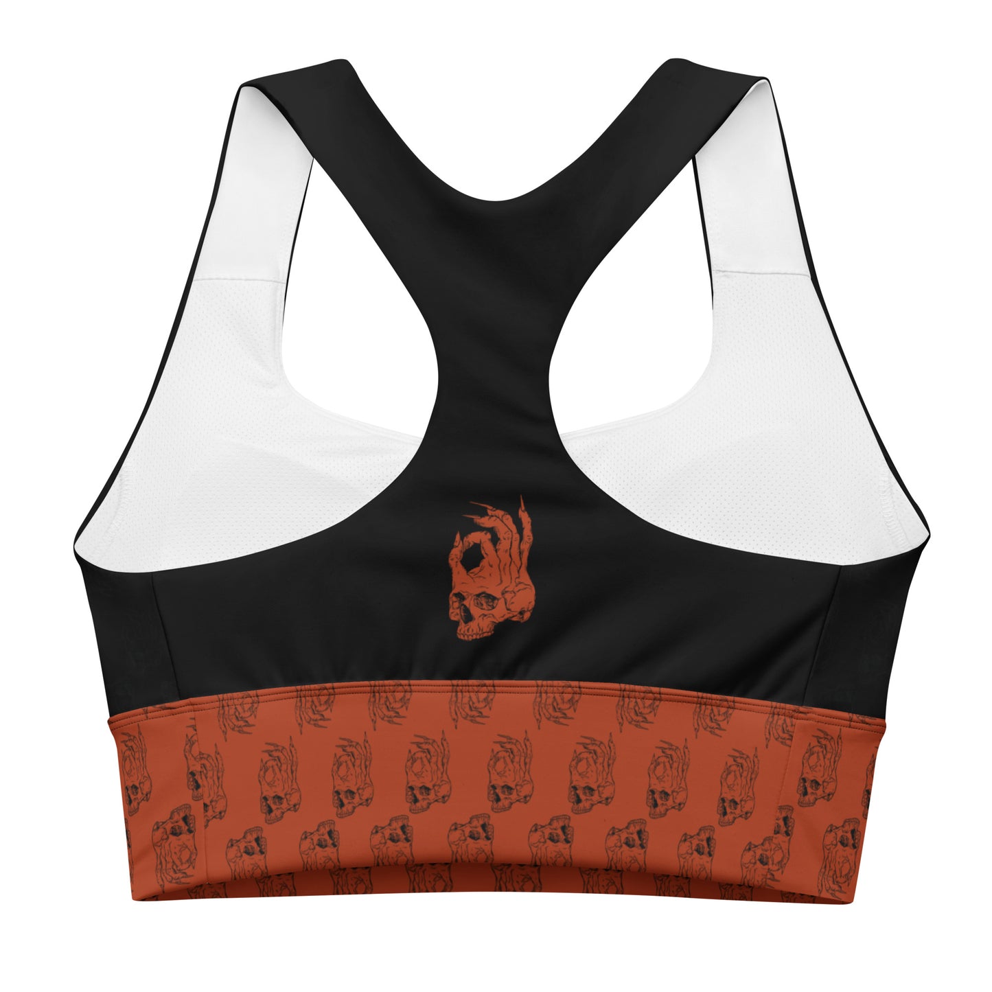 Hellbeing skull logo black and red longline sports bra back view