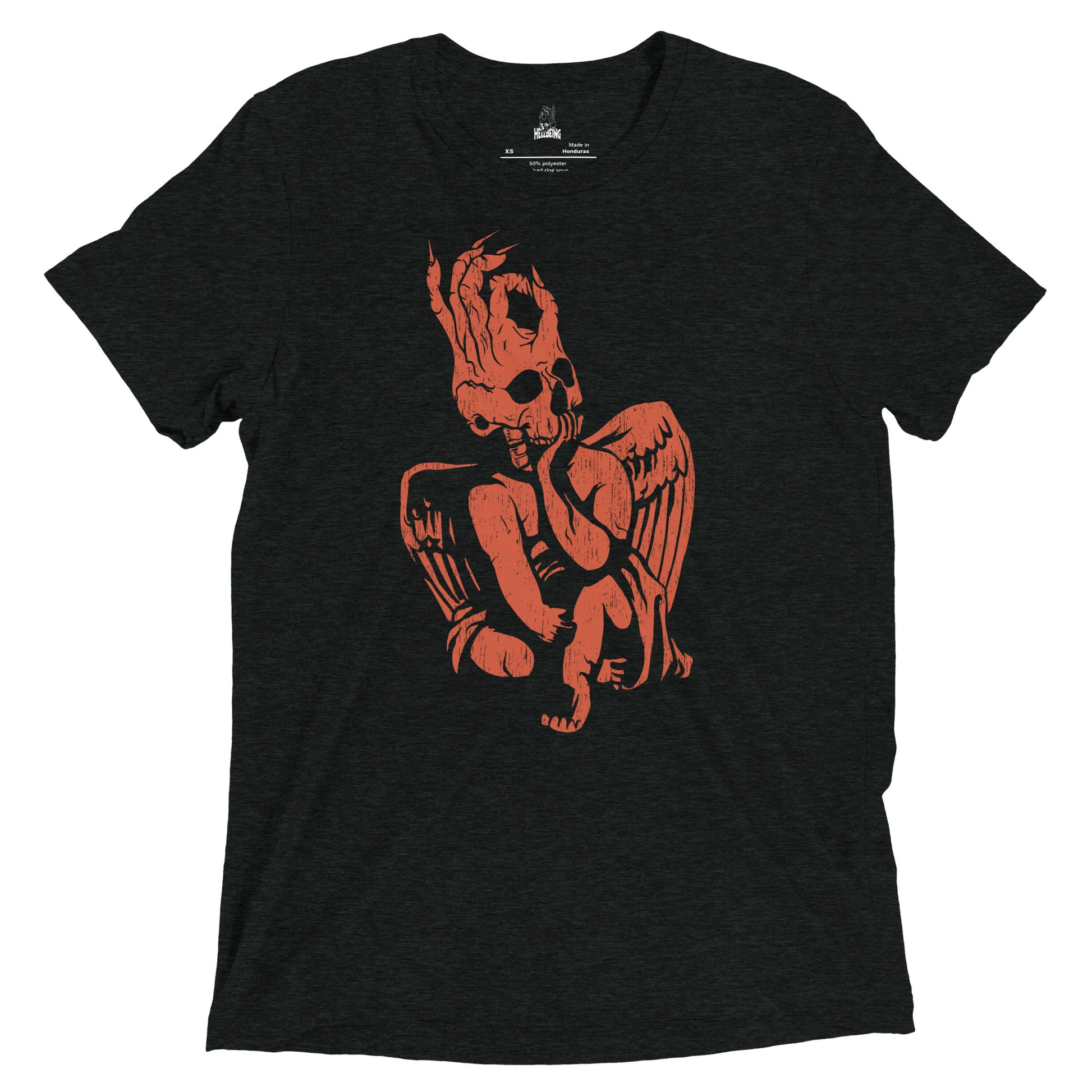 Front view of the Hellbeing red skull cherub tri-blend tshirt in black