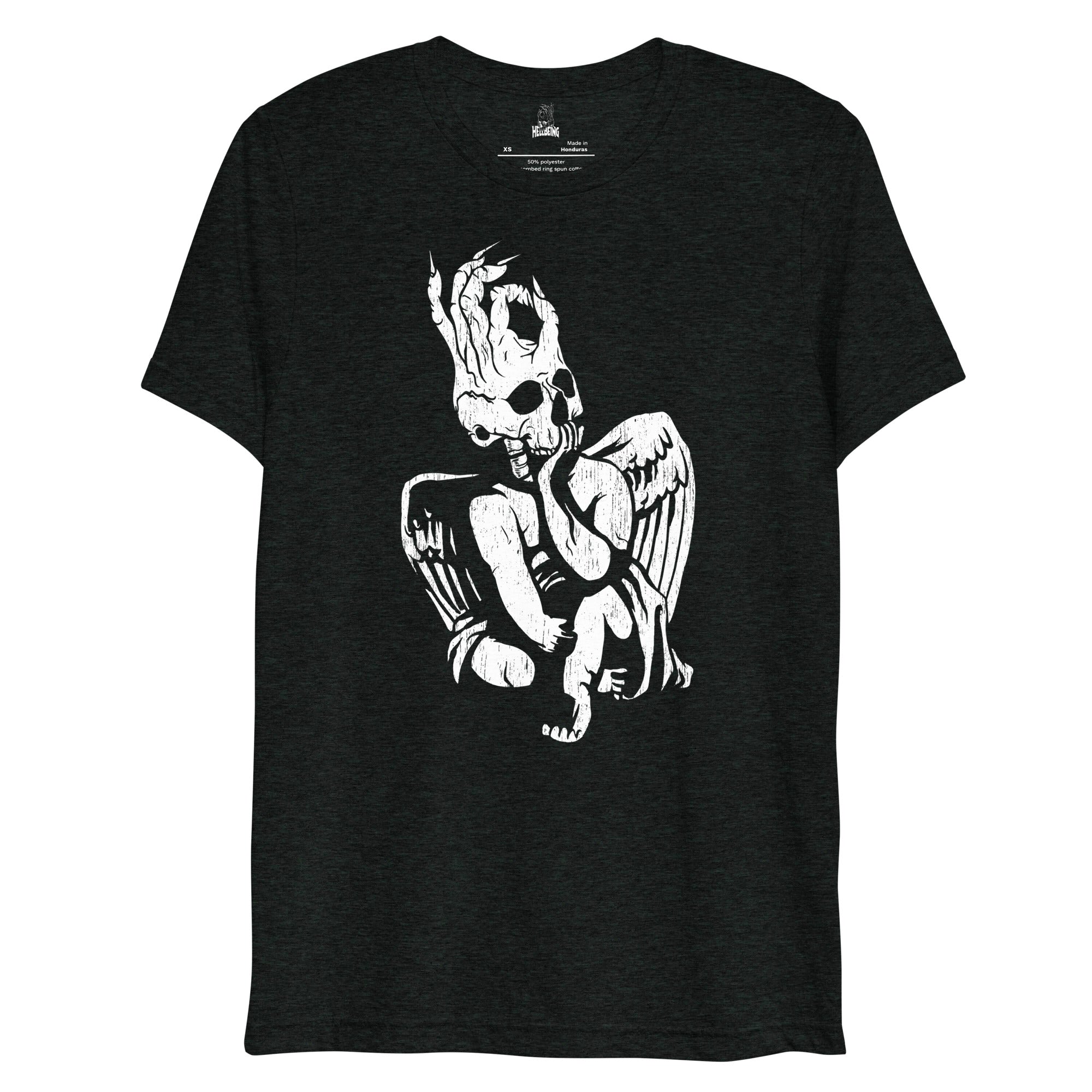 Hellbeing skull cherub tri-blend tee in black, front view