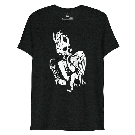 Front view of the Hellbeing skull cherub tri-blend tshirt in black