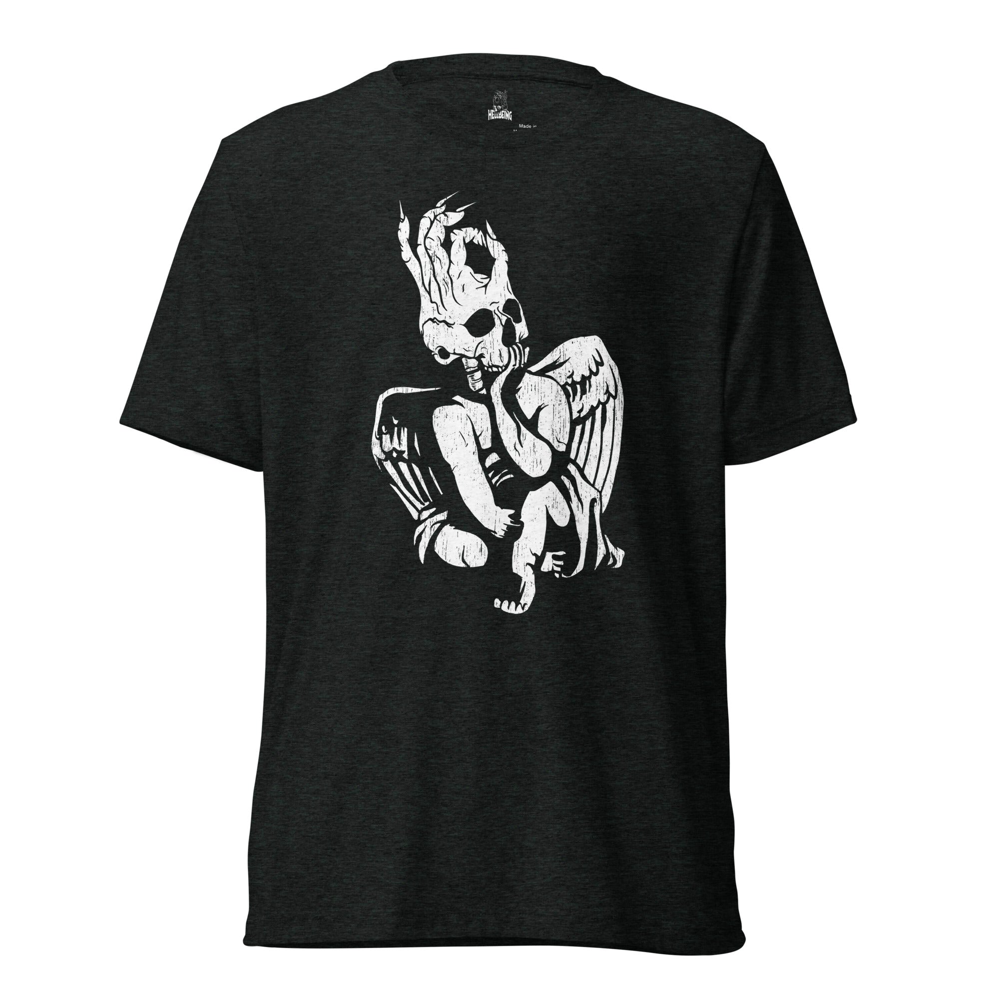 Hellbeing skull cherub tri-blend tee in black, front design view