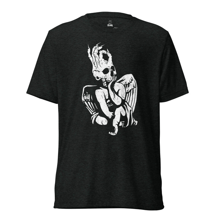 Hellbeing skull cherub tri-blend tee in black, front design view