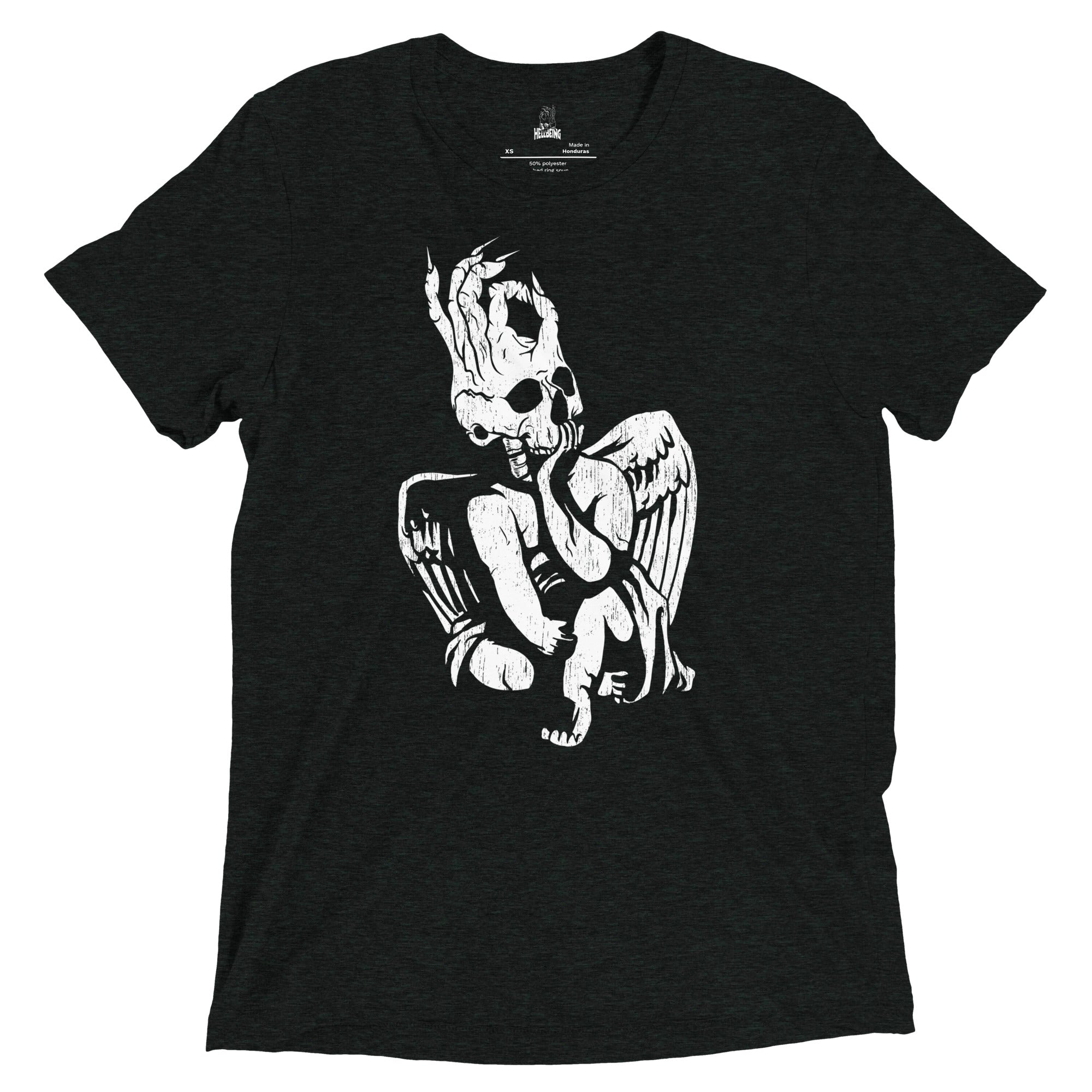 Hellbeing skull cherub tri-blend tee in black, front close-up