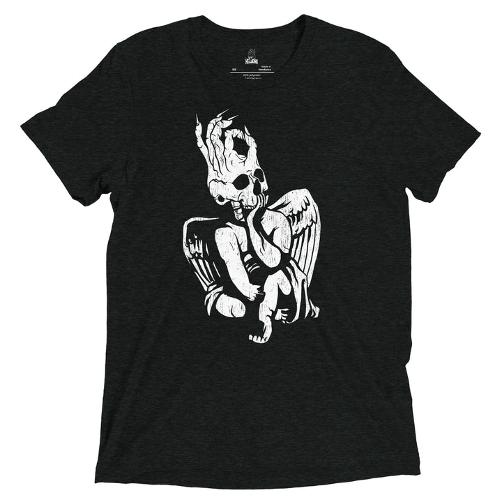 Hellbeing skull cherub tri-blend tee in black, front close-up