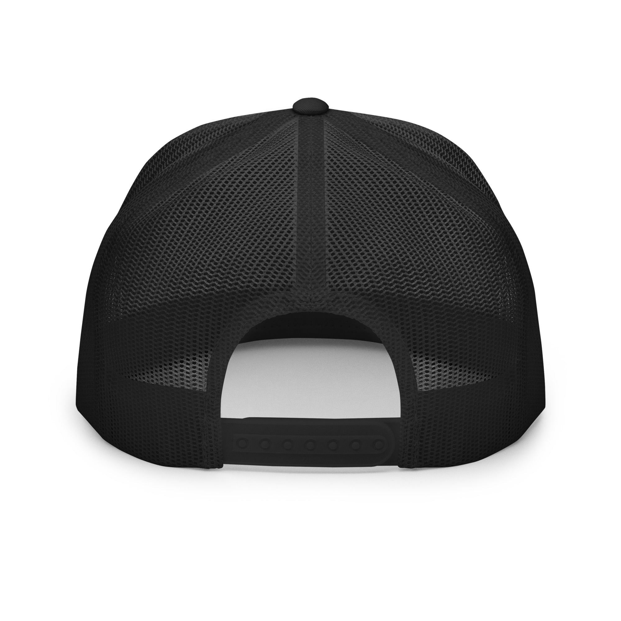 Back view of the Hellbeing skull embroidered 5 panel black on black trucker hat