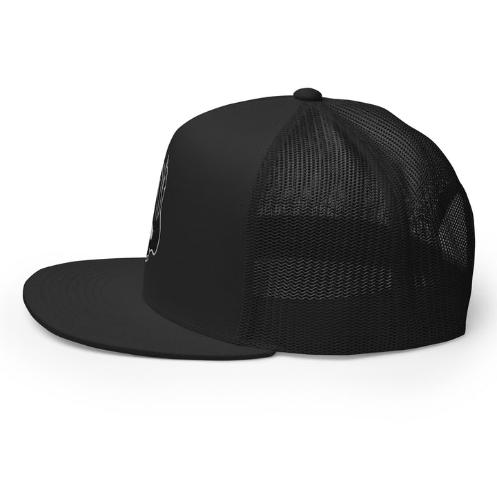 Left side view of the Hellbeing skull embroidered 5 panel black on black trucker hat