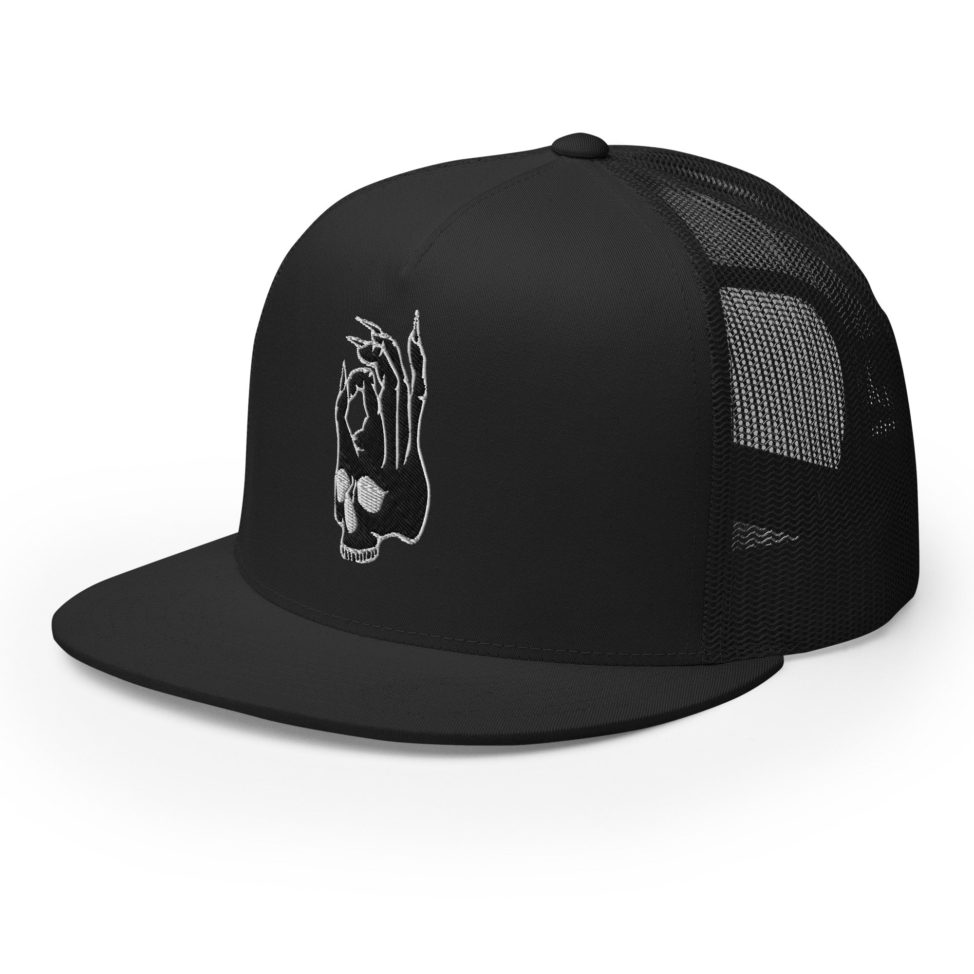 Front left view of the Hellbeing skull embroidered 5 panel black on black trucker hat