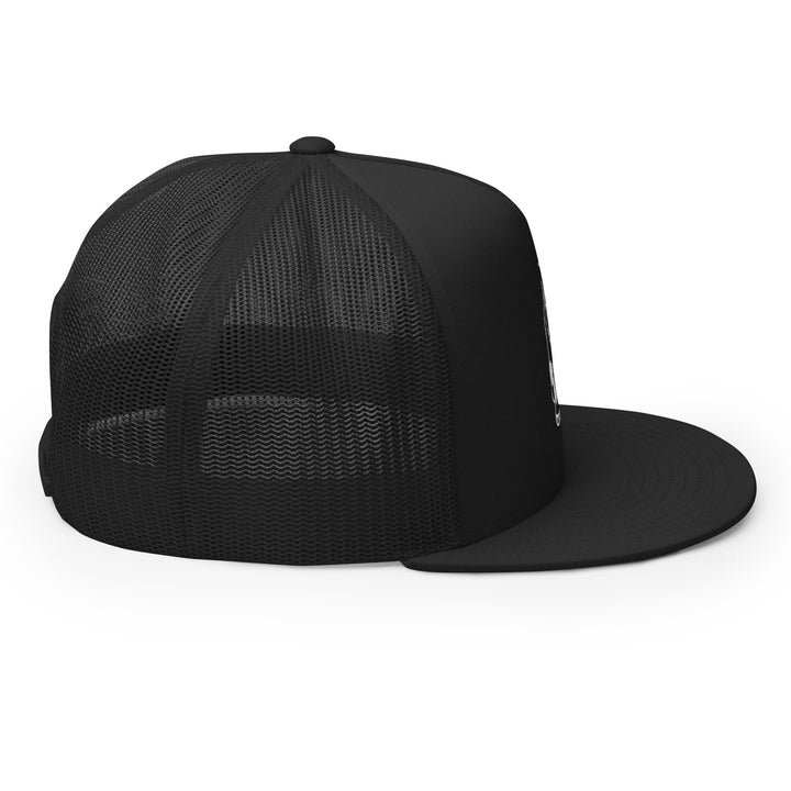 Right side view of the Hellbeing skull embroidered 5 panel black on black trucker hat