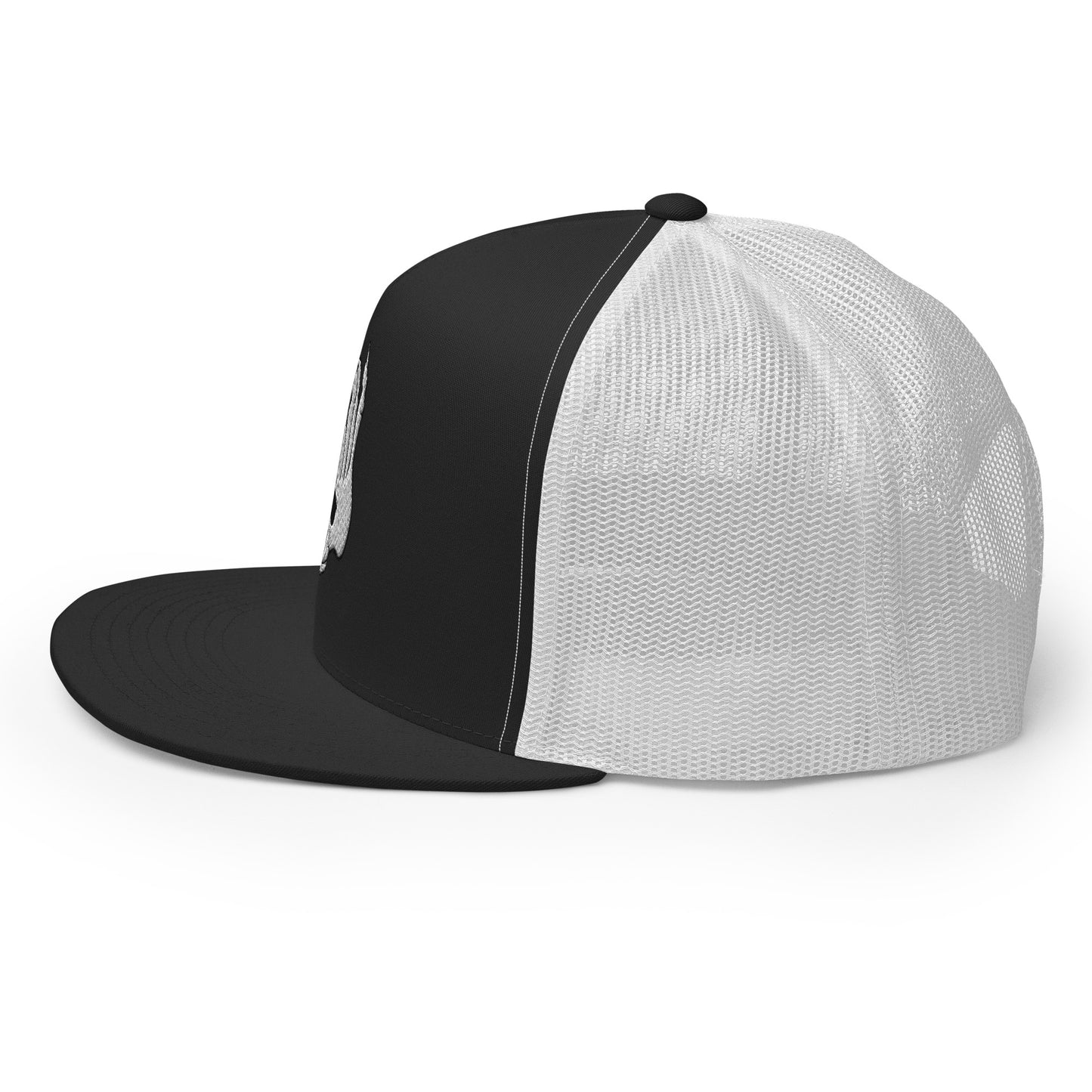 Left side view of the Hellbeing skull embroidered 5 panel black and white trucker hat