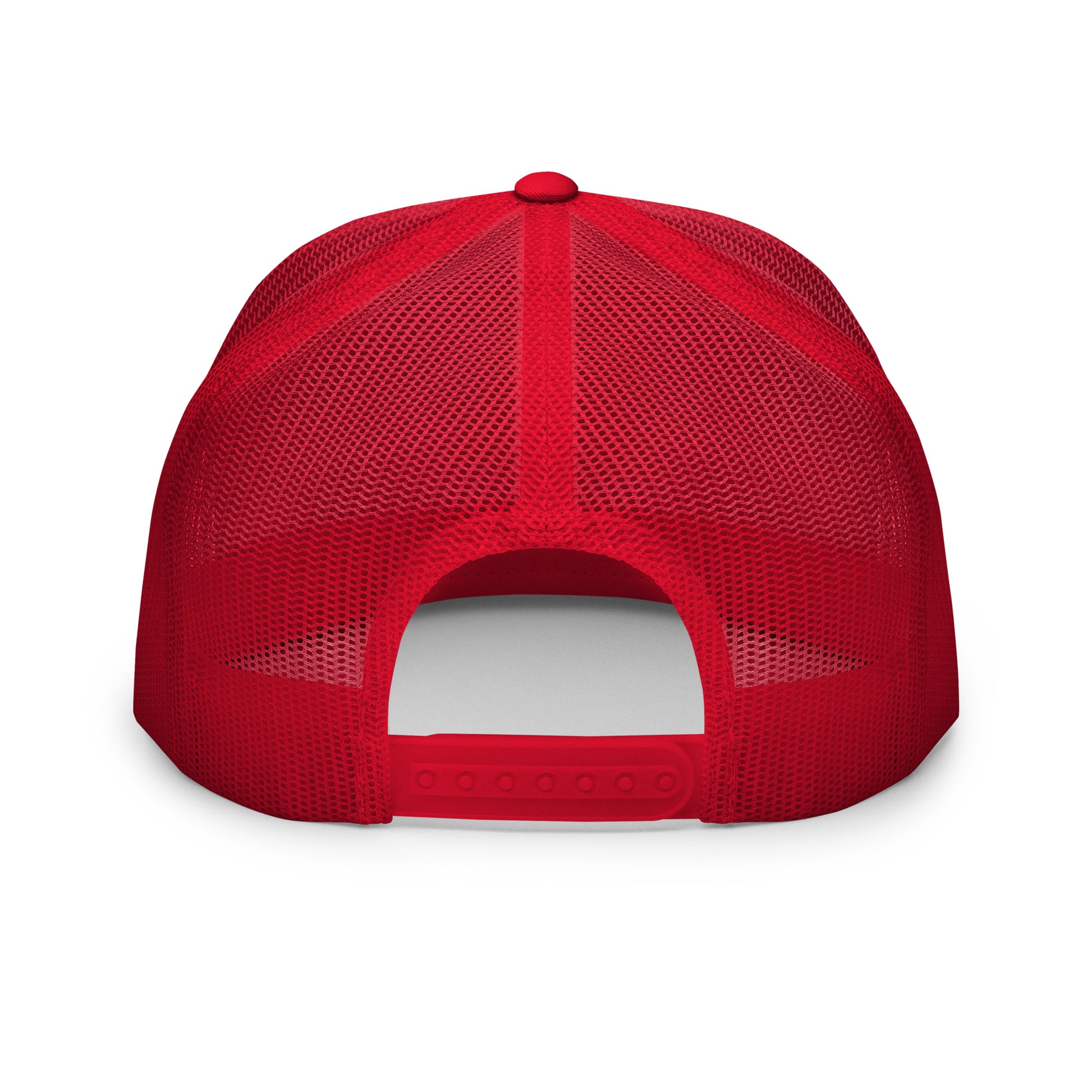 Back view of the Hellbeing skull embroidered 5 panel red and white trucker hat
