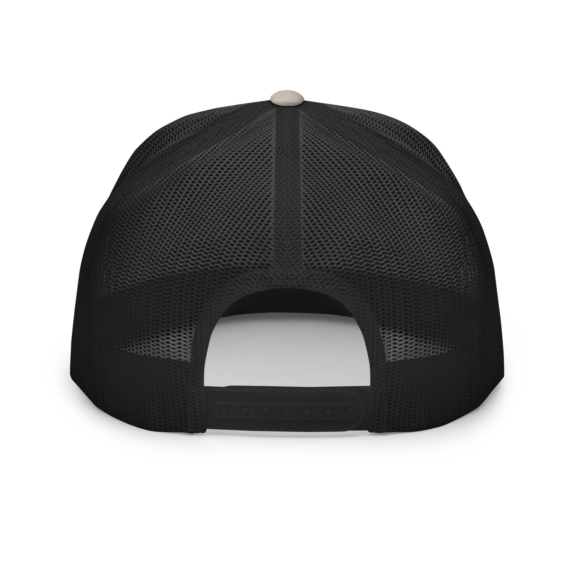 Back view of the Hellbeing skull embroidered 5 panel silver and black trucker hat