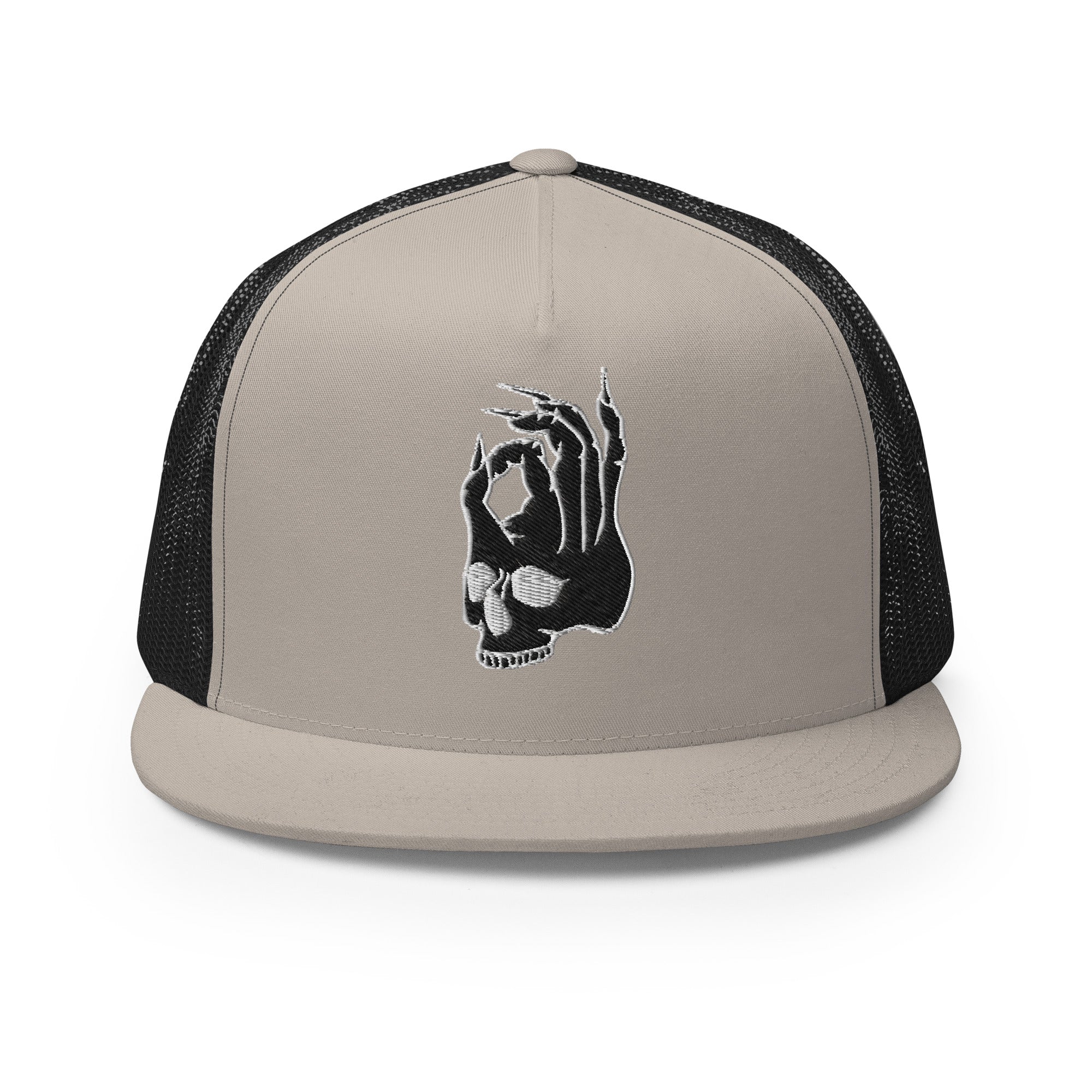 Front view of the Hellbeing skull embroidered 5 panel silver and black trucker hat