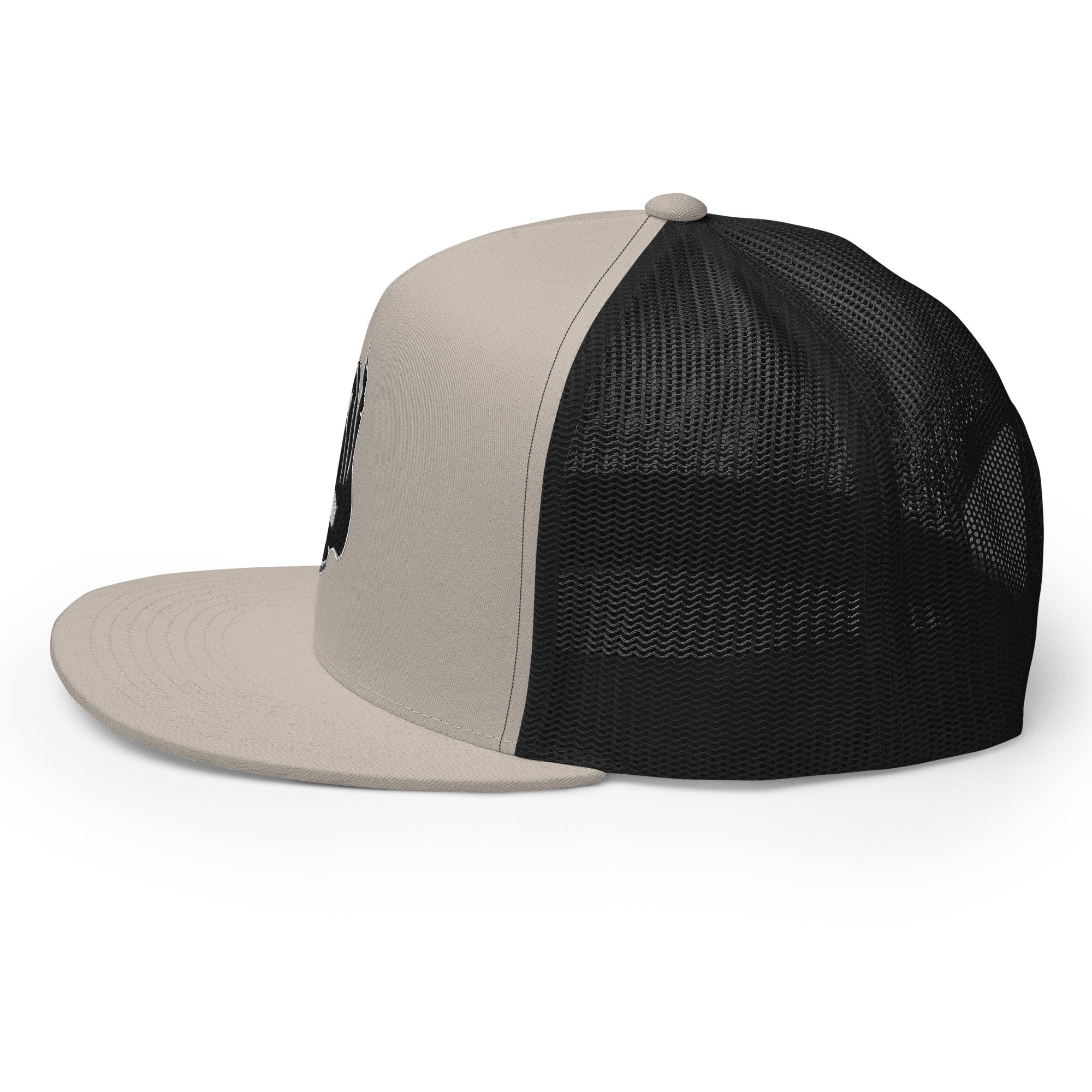 Left side view of the Hellbeing skull embroidered 5 panel silver and black trucker hat