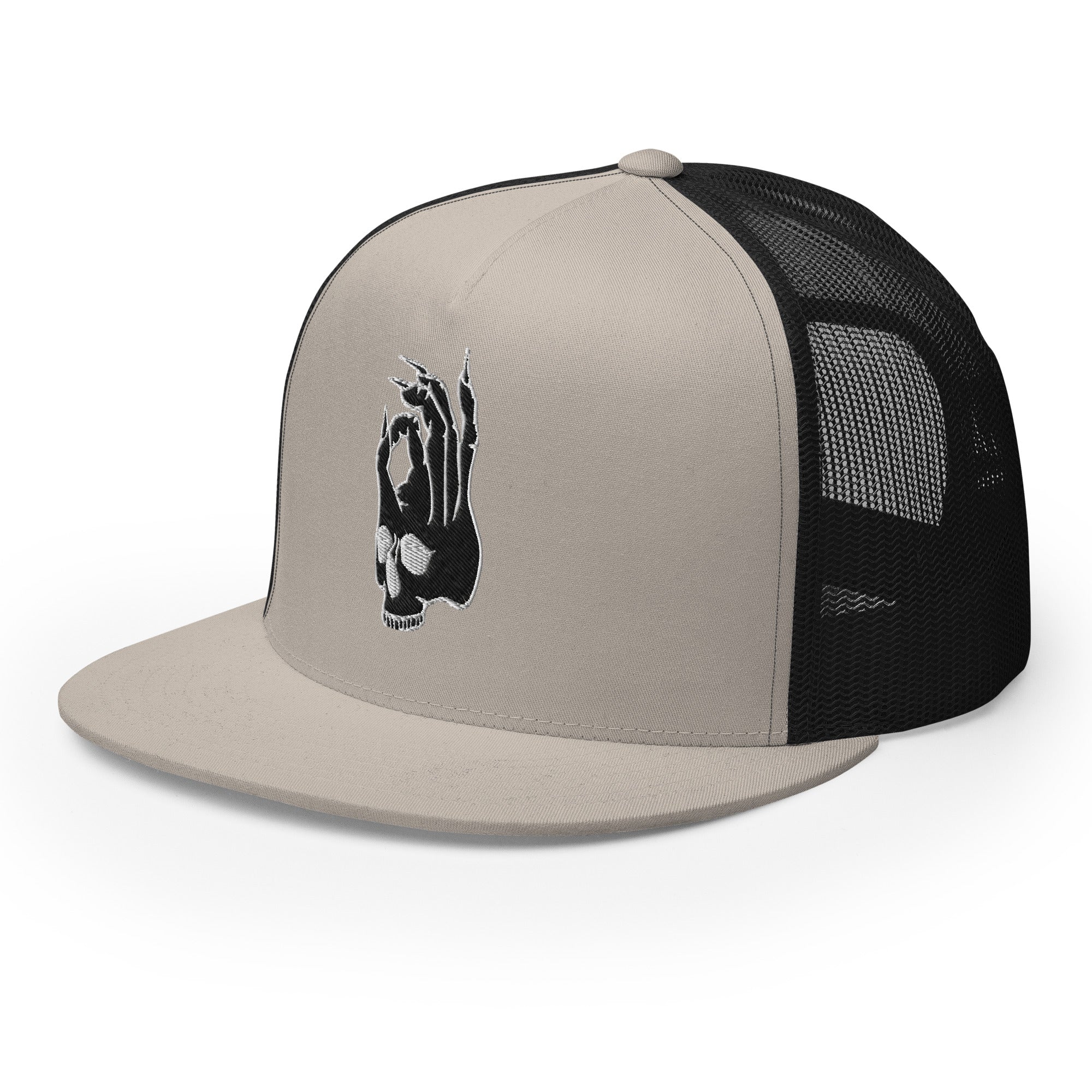 Front left view of the Hellbeing skull embroidered 5 panel silver and black trucker hat