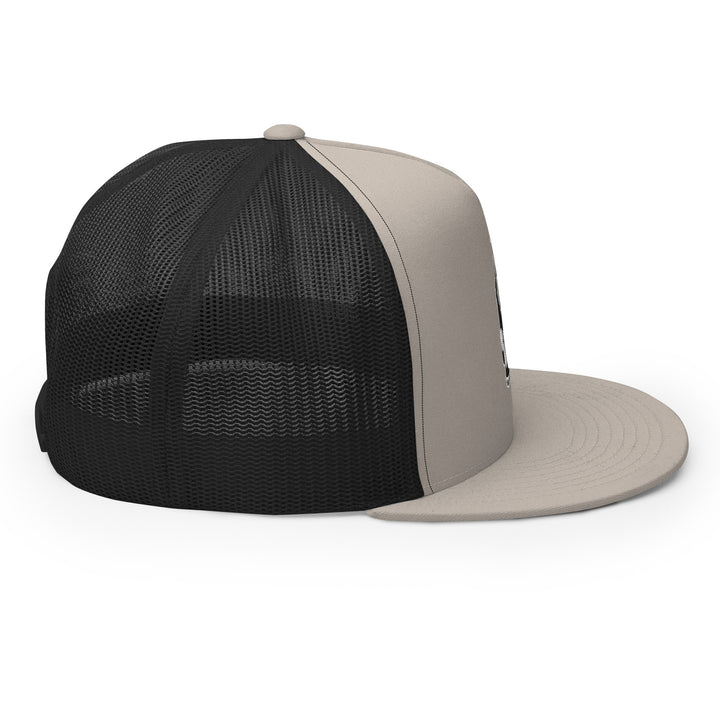 Right side view of the Hellbeing skull embroidered 5 panel silver and black trucker hat