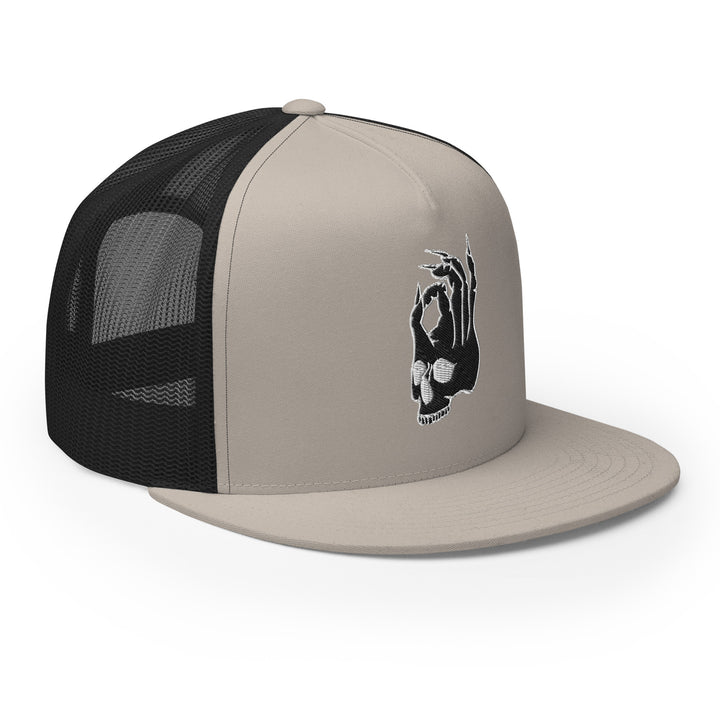 Front left view of the Hellbeing skull embroidered 5 panel silver and black trucker hat