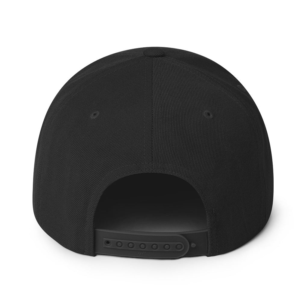 Back view of the Hellbeing skull embroidered classic black on black snapback hat