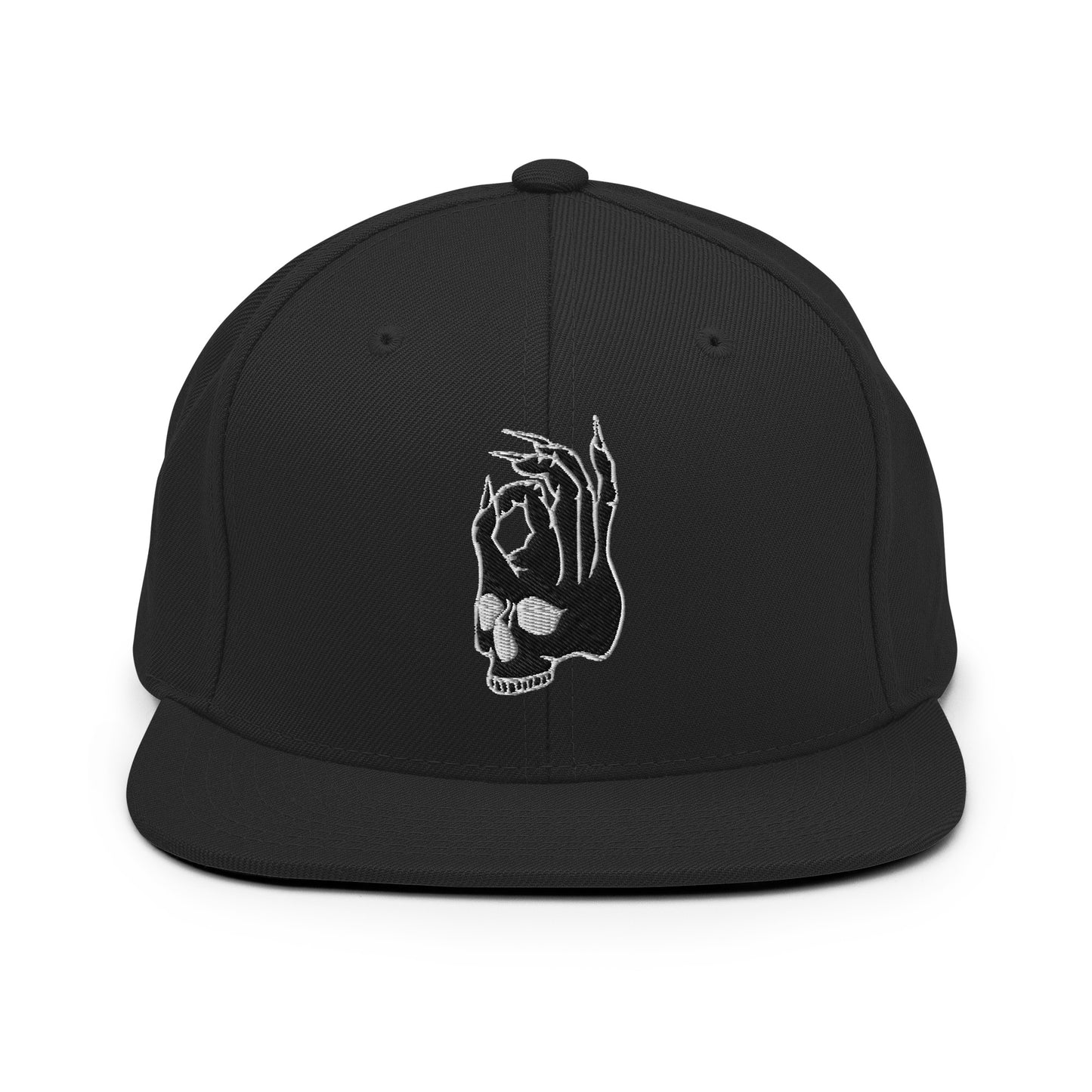 Front view of the Hellbeing skull embroidered classic black on black snapback hat