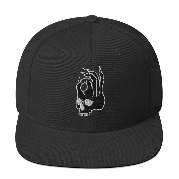 Hellbeing skull black snapback cap, front design detail