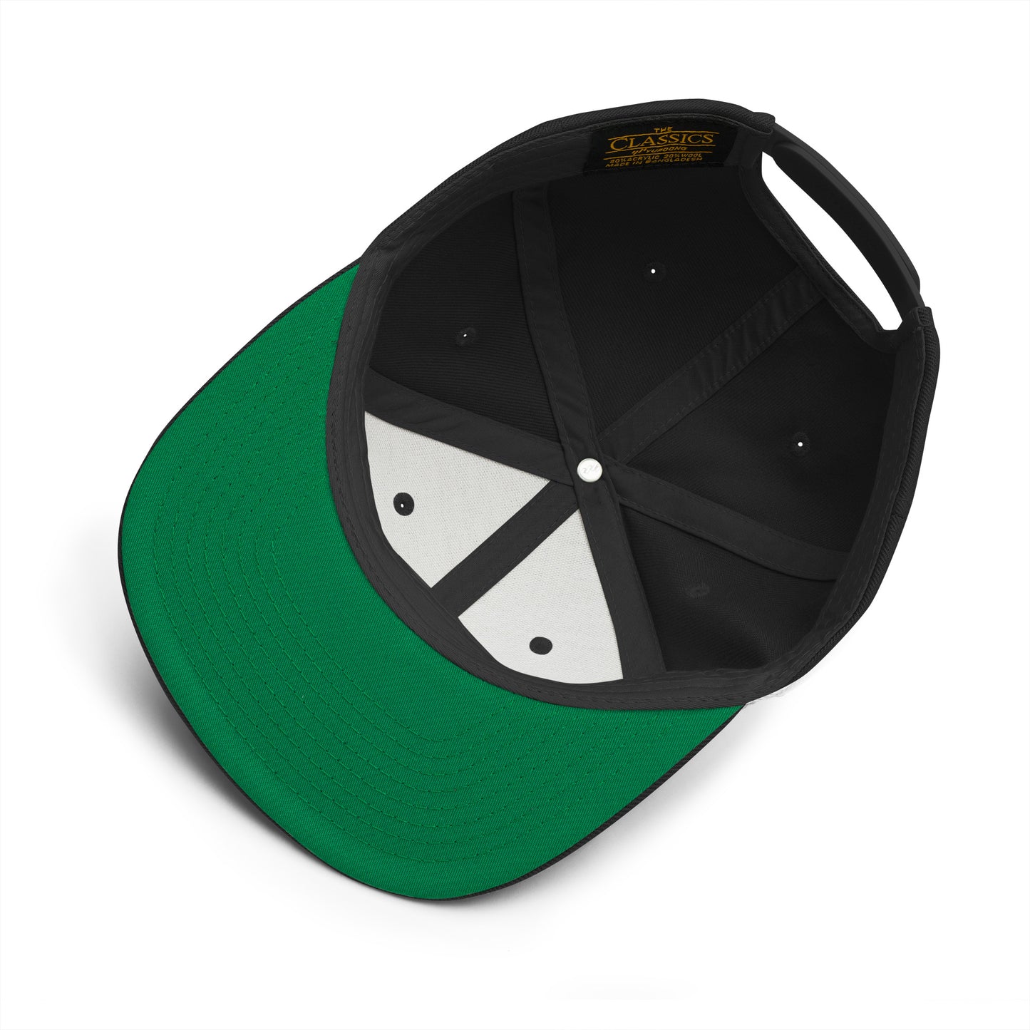 Inside view of the Hellbeing skull embroidered classic black on black snapback hat