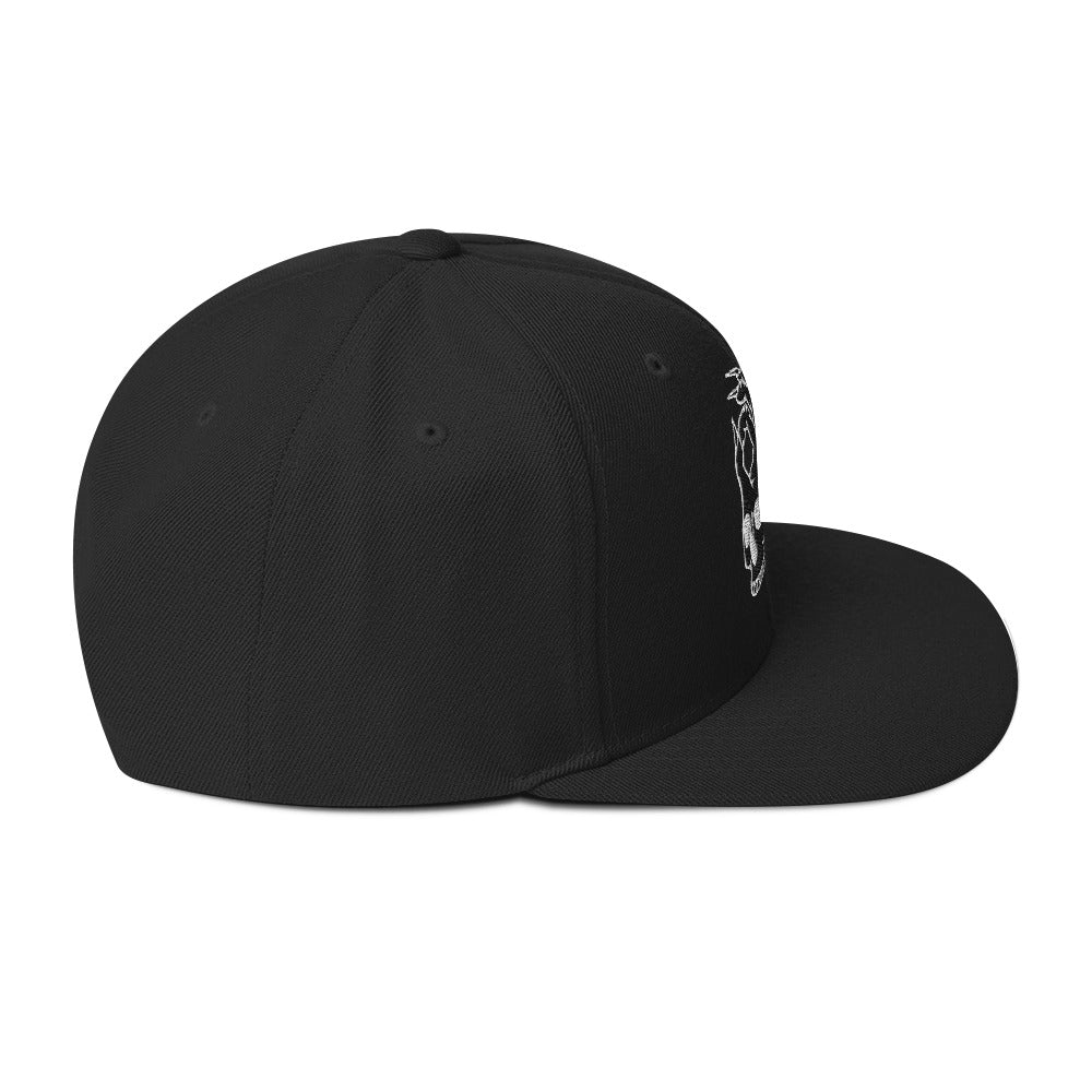 Right side view of the Hellbeing skull embroidered classic black on black snapback hat