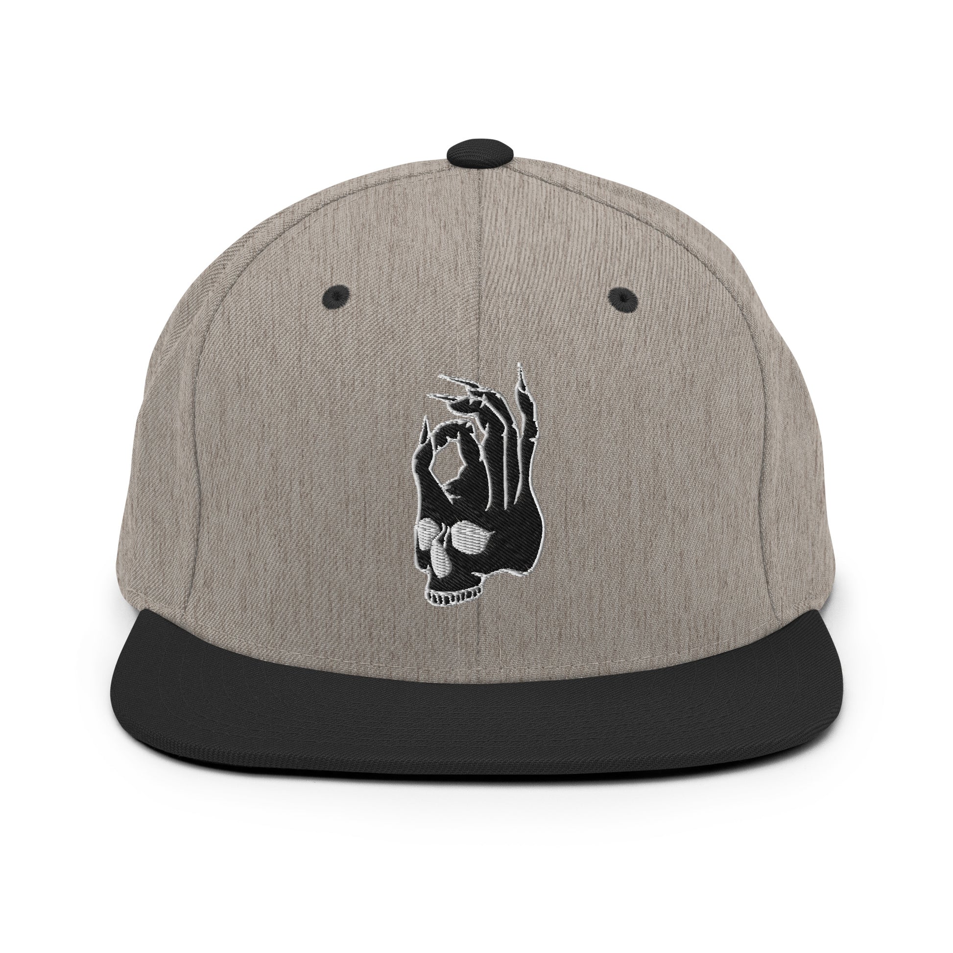 Front view of the Hellbeing skull embroidered classic heather gray and black snapback hat