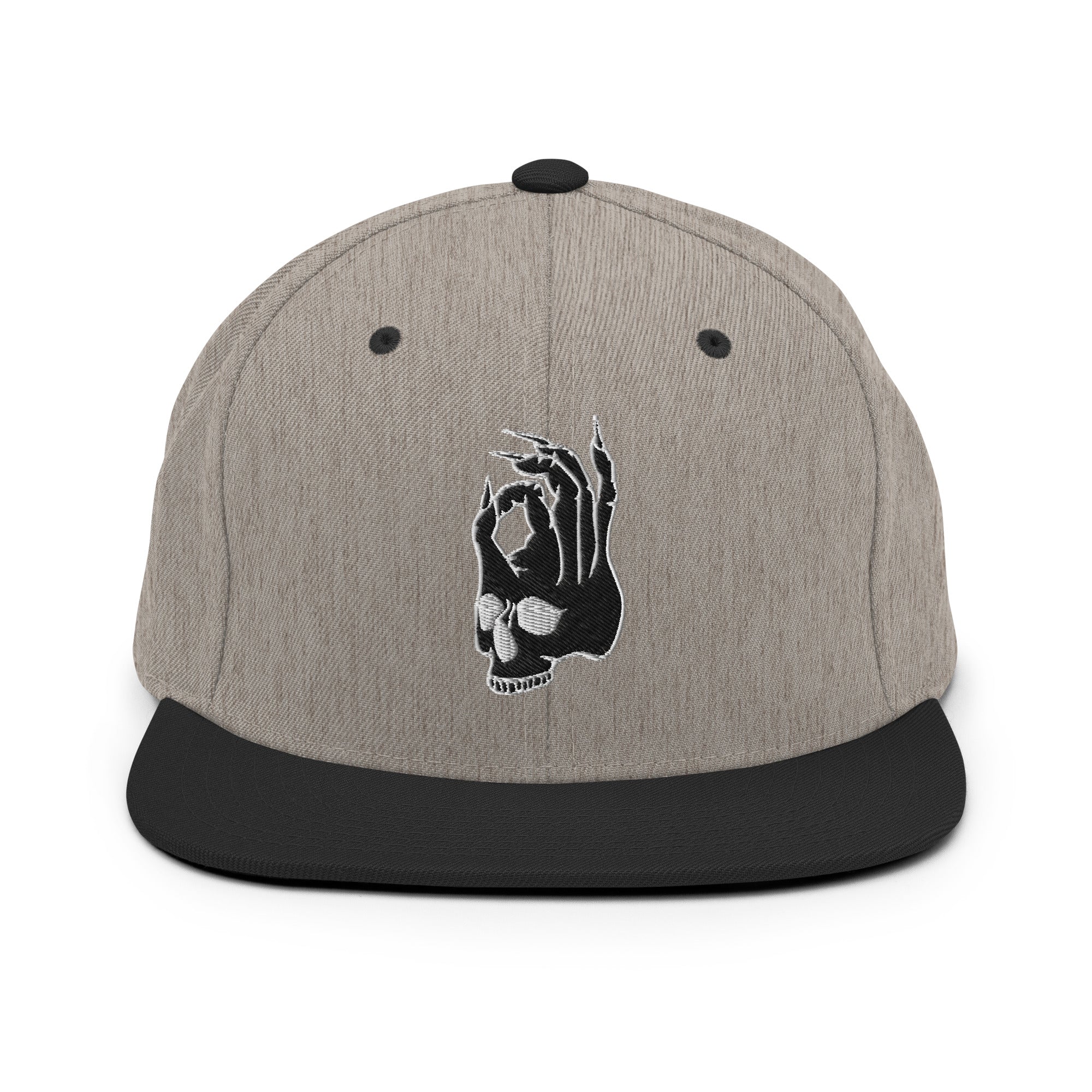 Front view of the Hellbeing skull embroidered classic heather gray and black snapback hat