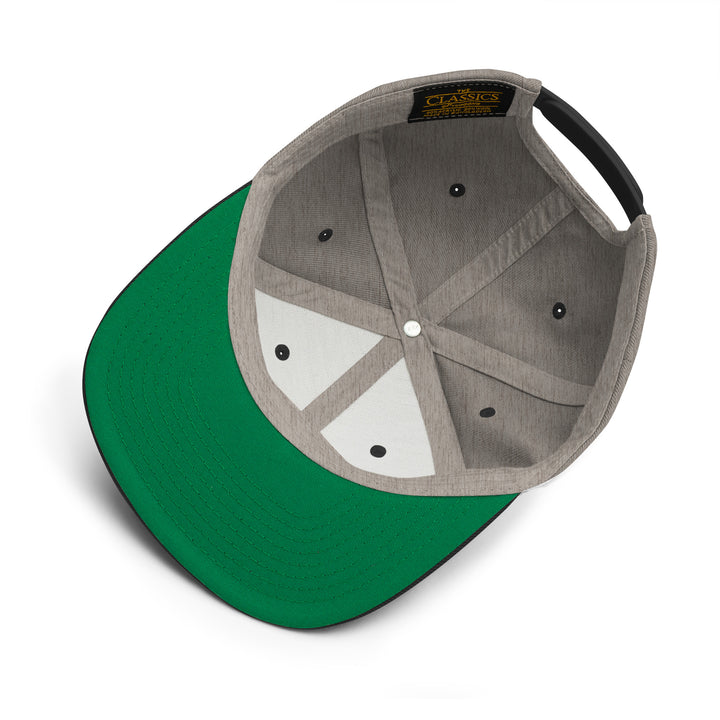 Inside view of the Hellbeing skull embroidered classic heather gray and black snapback hat