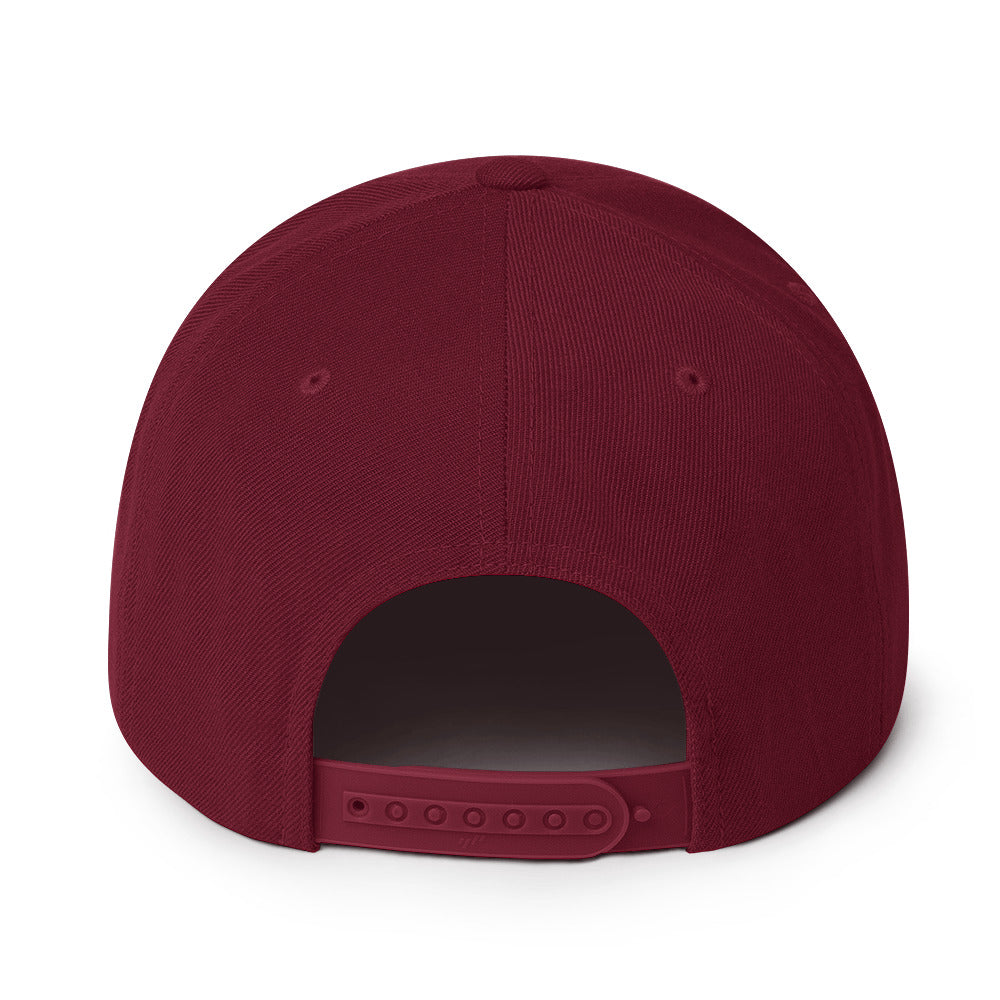 Back view of the Hellbeing skull embroidered classic burgundy snapback hat