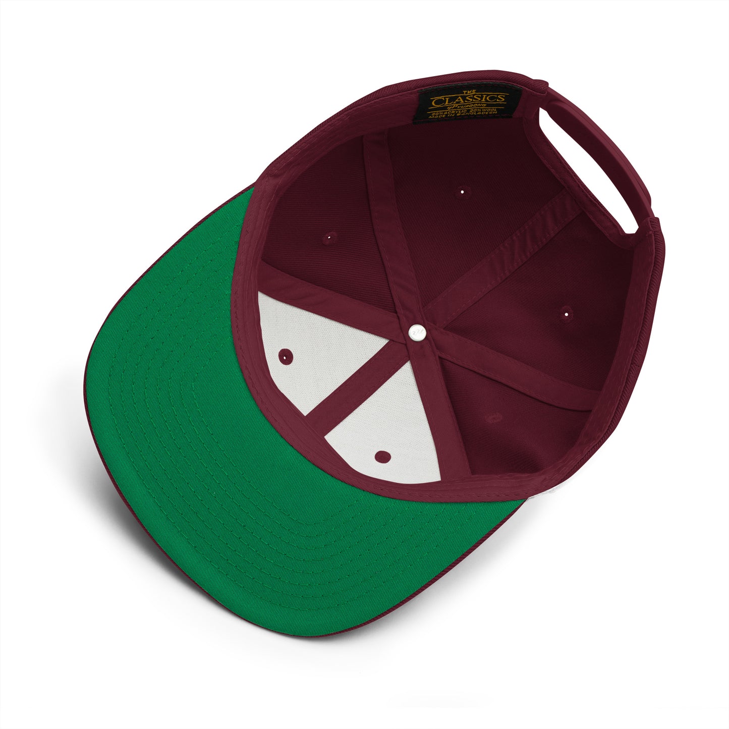 Inside view of the Hellbeing skull embroidered classic burgundy snapback hat