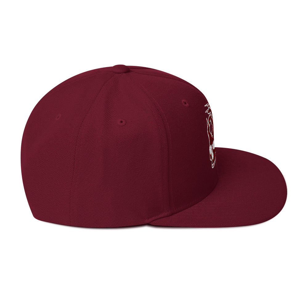 Right side view of the Hellbeing skull embroidered classic burgundy snapback hat