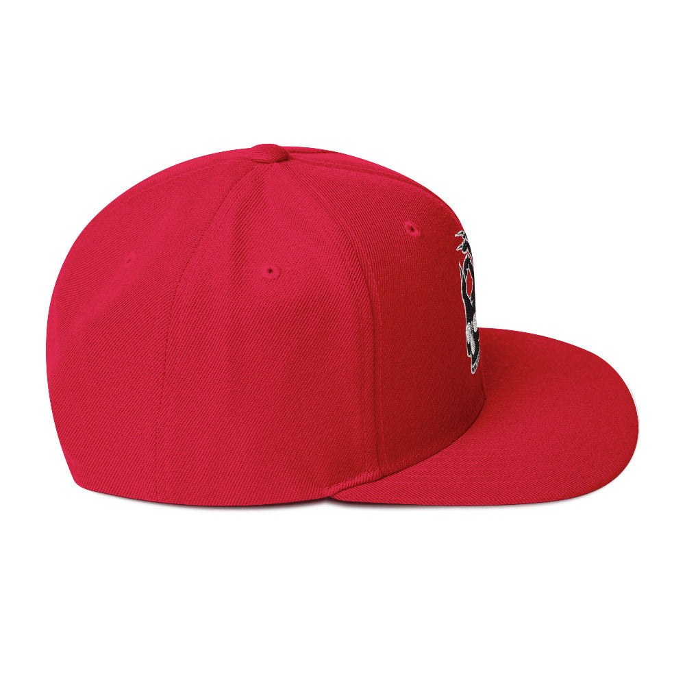 Right side view of the Hellbeing skull embroidered 5 panel red trucker hat
