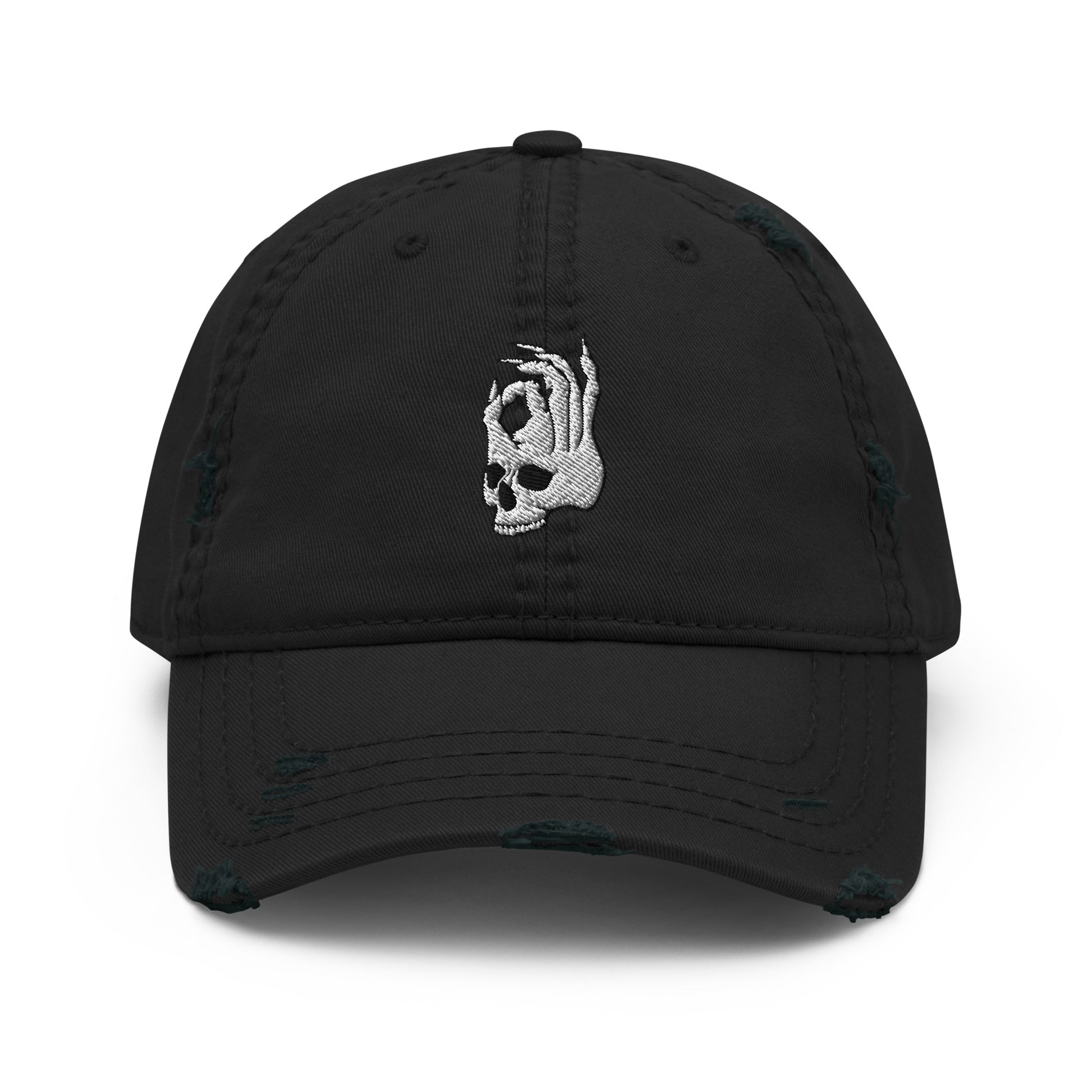 Front view of the Hellbeing skull embroidered distressed black dad hat