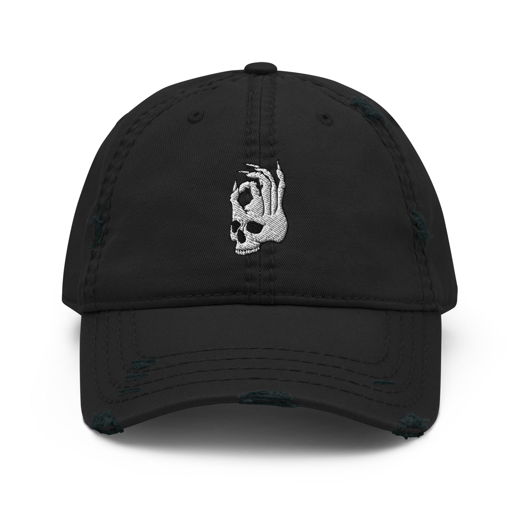 Hellbeing skull distressed black dad hat, front view