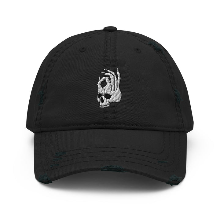 Hellbeing skull distressed black dad hat, front view