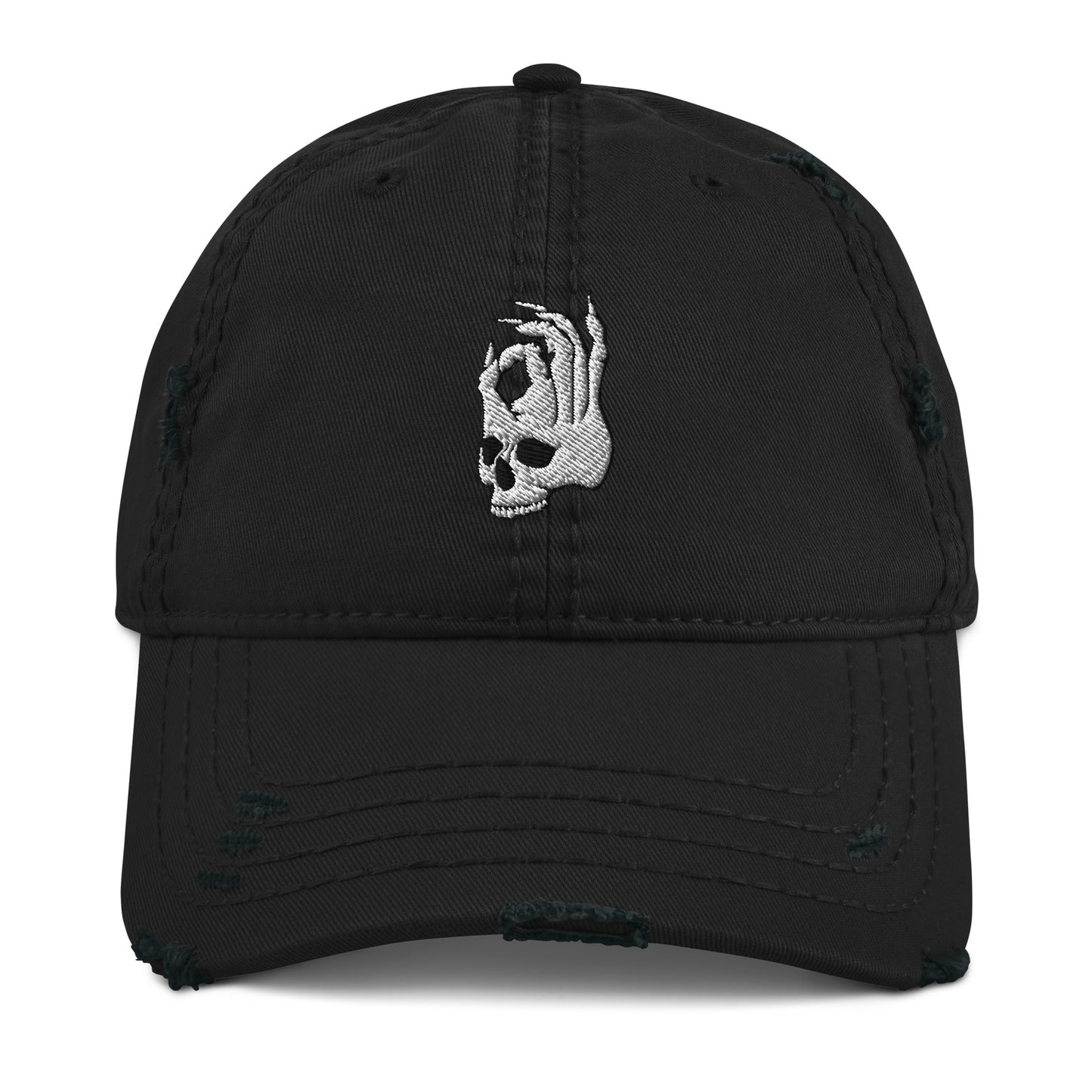 Front view of the Hellbeing skull embroidered distressed black dad hat