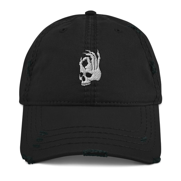 Hellbeing skull distressed black dad hat, front detail view