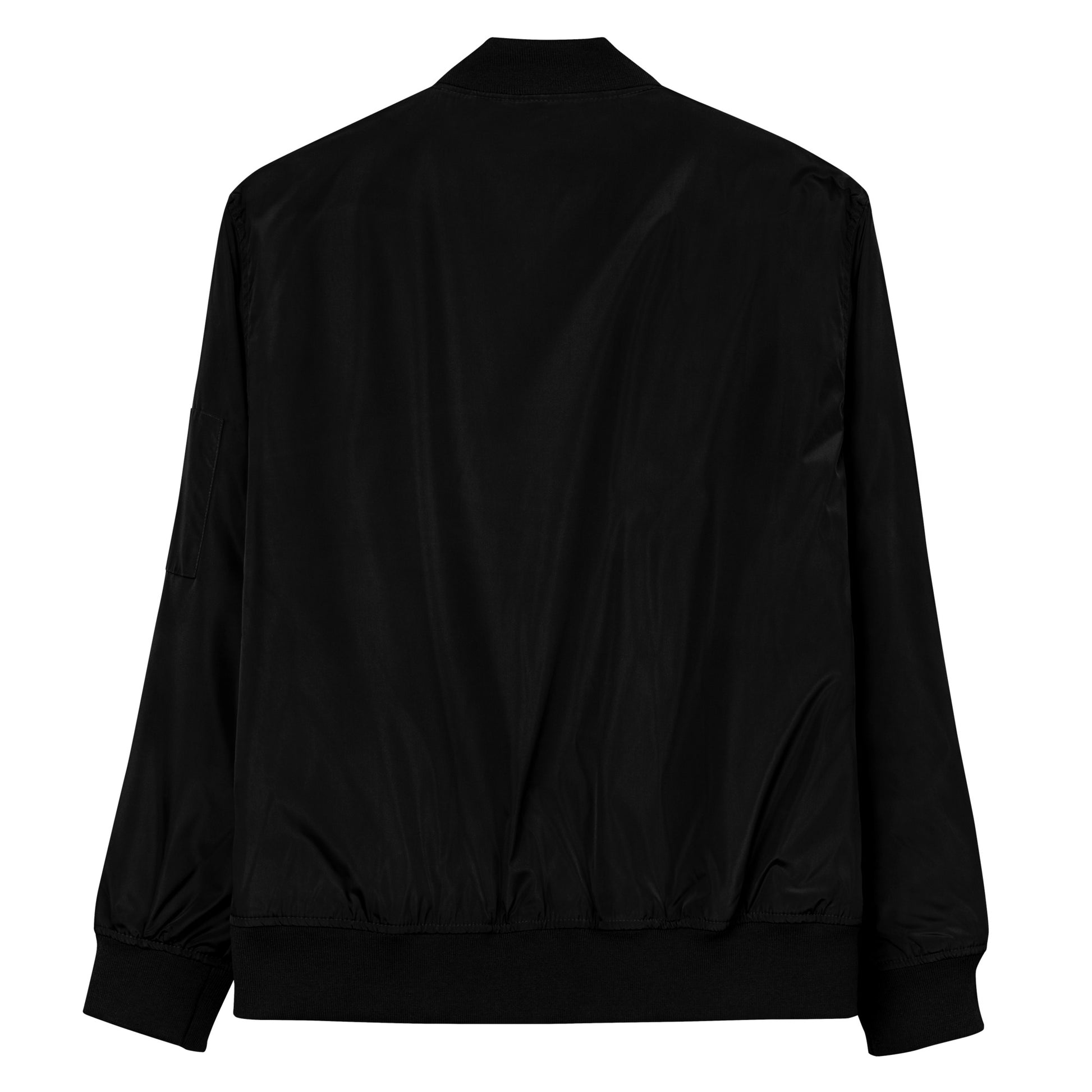 Back view of the Hellbeing premium recycled bomber jacket in black