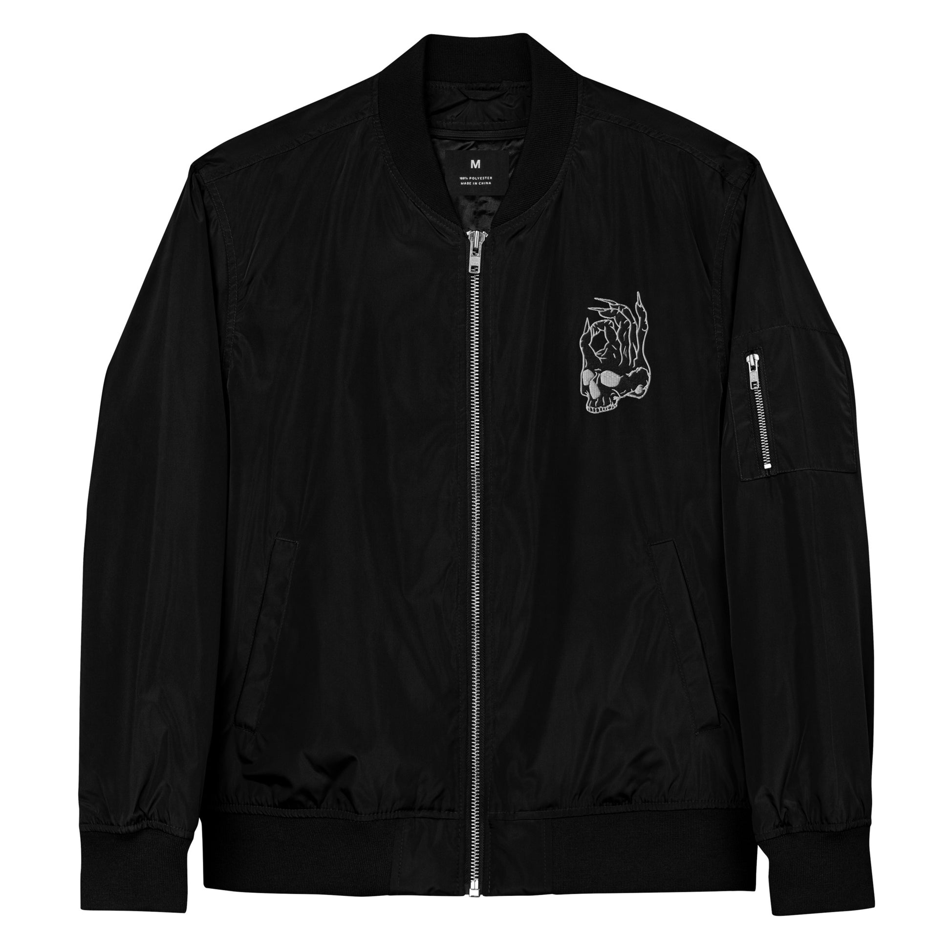 Front view of the Hellbeing premium recycled bomber jacket in black