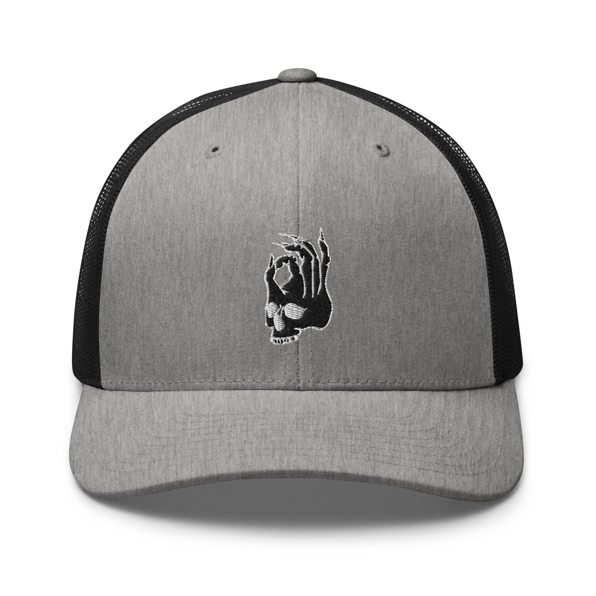 Front view of the Hellbeing skull embroidered retro heather gray and black trucker hat