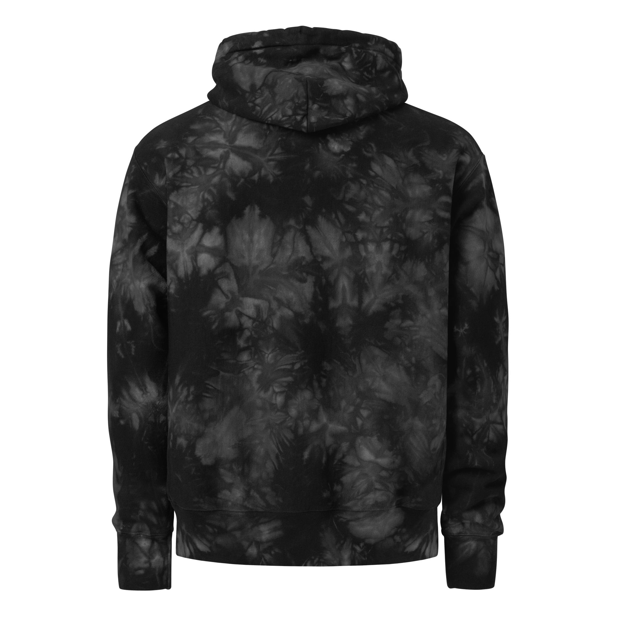Hellbeing skull Champion tie-dye hoodie in grayscale, back view