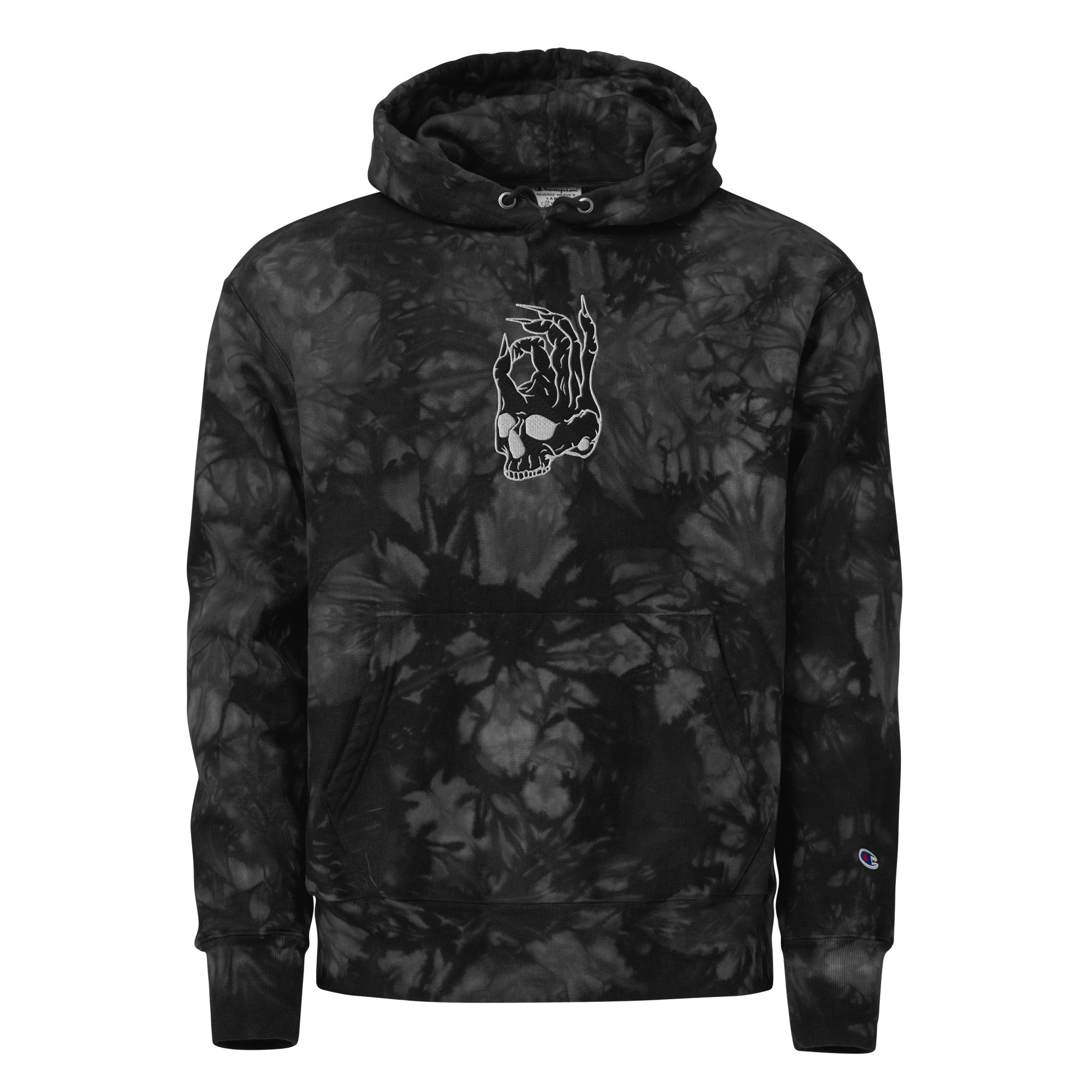 Hellbeing skull Champion Reverse Weave tie-dye hoodie in grayscale, front view