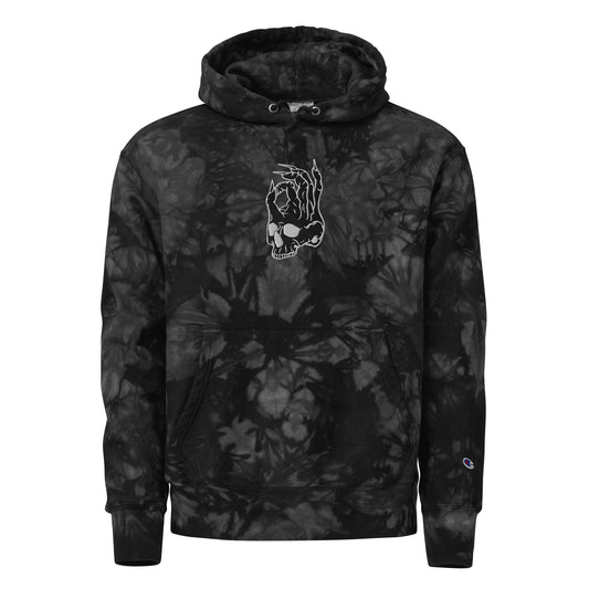 Front view of the Hellbeing skull embroidered premium Champion black tie dye hoodie