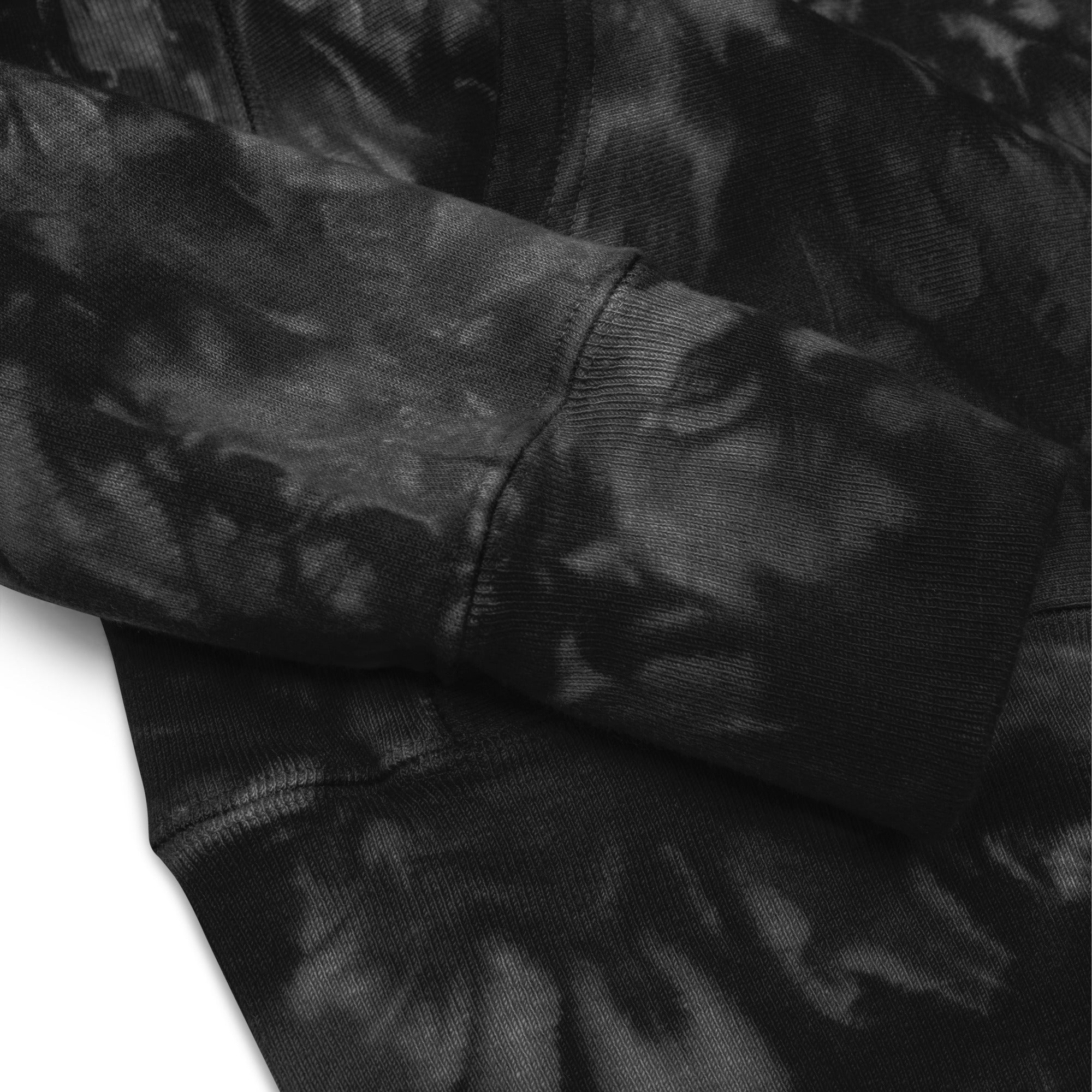 Hellbeing skull Champion tie-dye hoodie in grayscale, sleeve detail