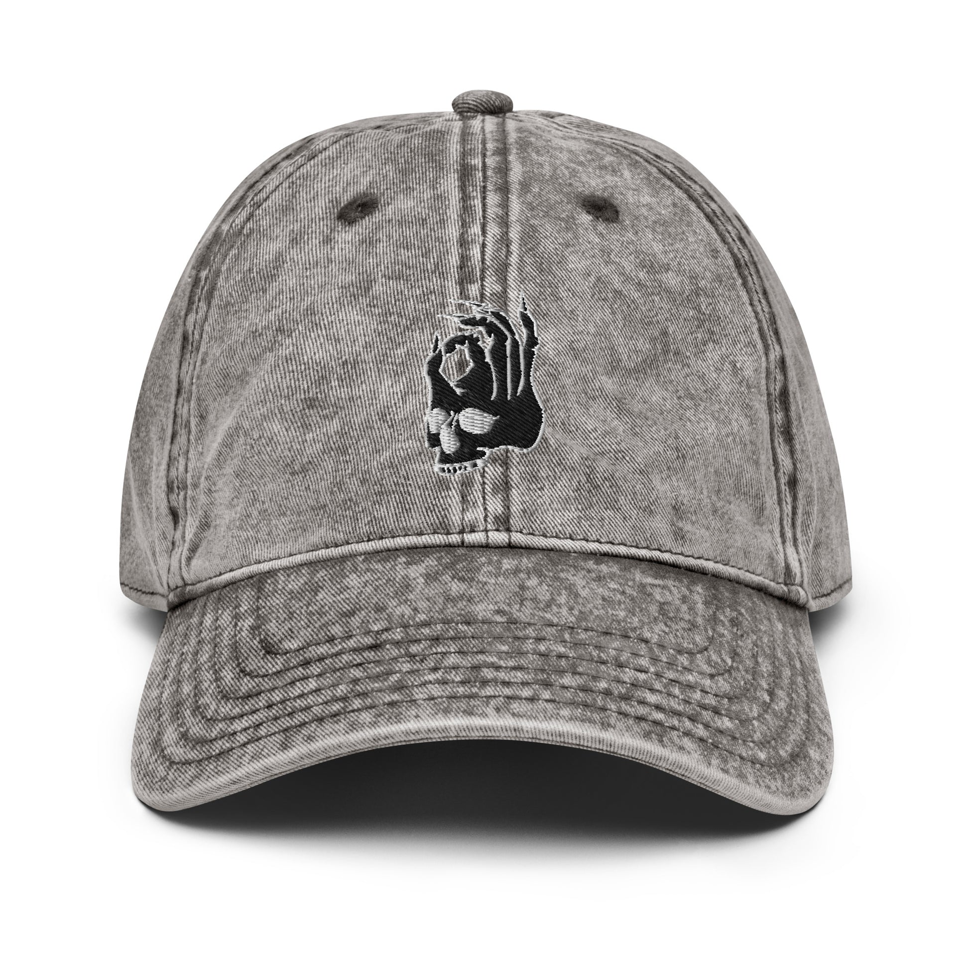 Front view of the Hellbeing skull embroidered vintage gray cap