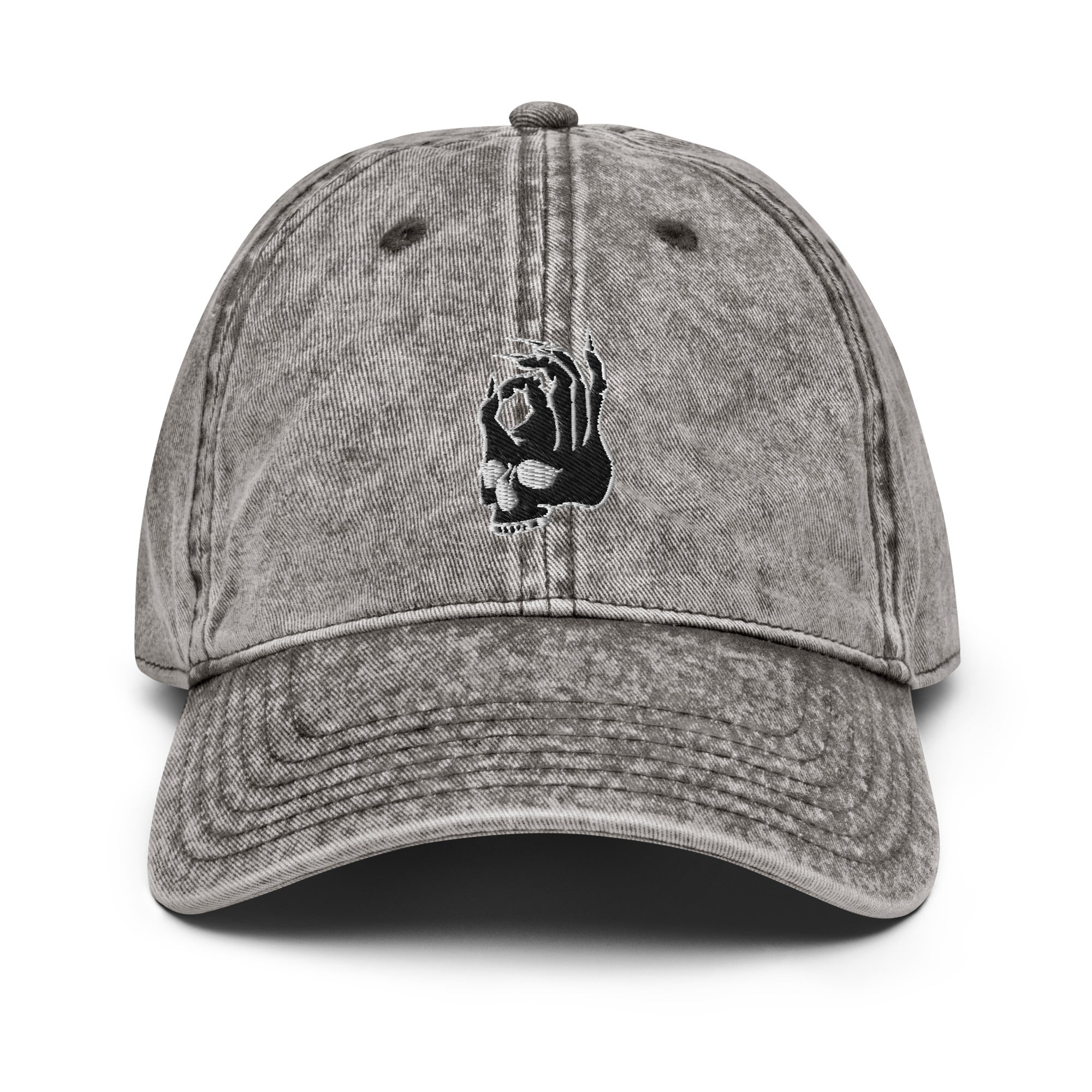 Hellbeing skull vintage gray twill hat, front view