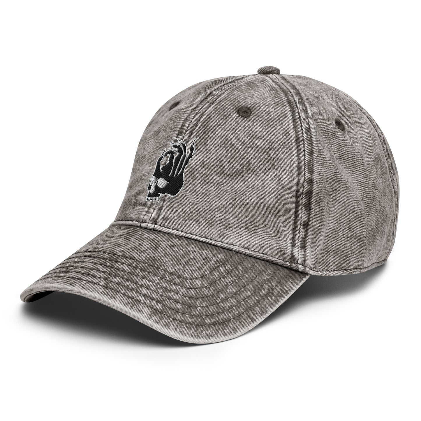 Front left view of the Hellbeing skull embroidered vintage gray cap