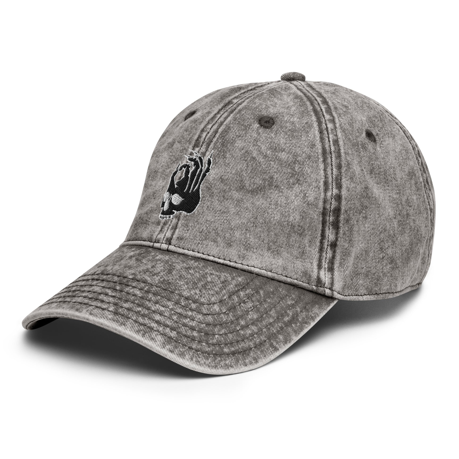 Front left view of the Hellbeing skull embroidered vintage gray cap